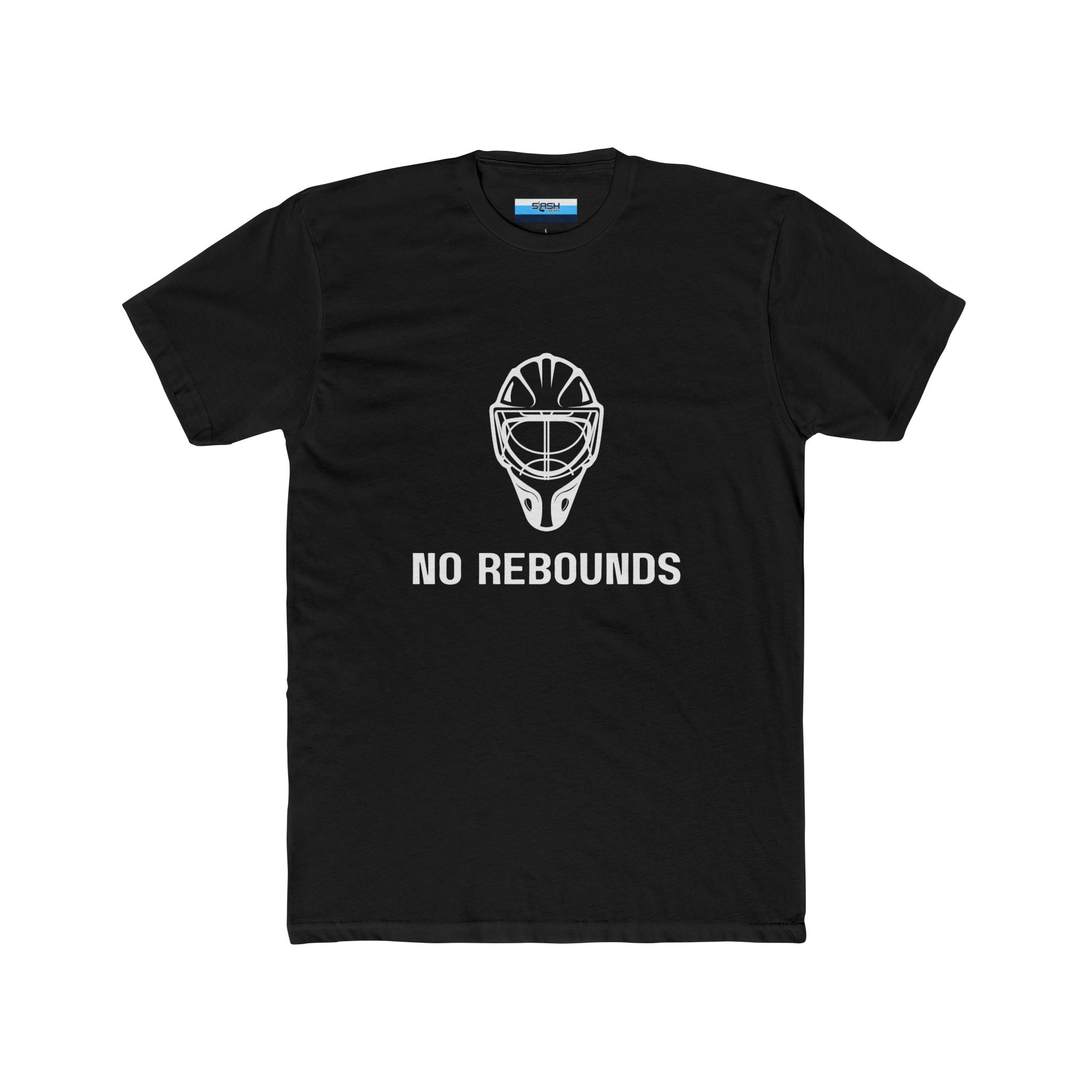 No Rebounds Tee, front view — hockey t-shirt featuring a bold goalie-themed “No Rebounds” graphic on the chest, classic athletic fit, displayed on a plain background.