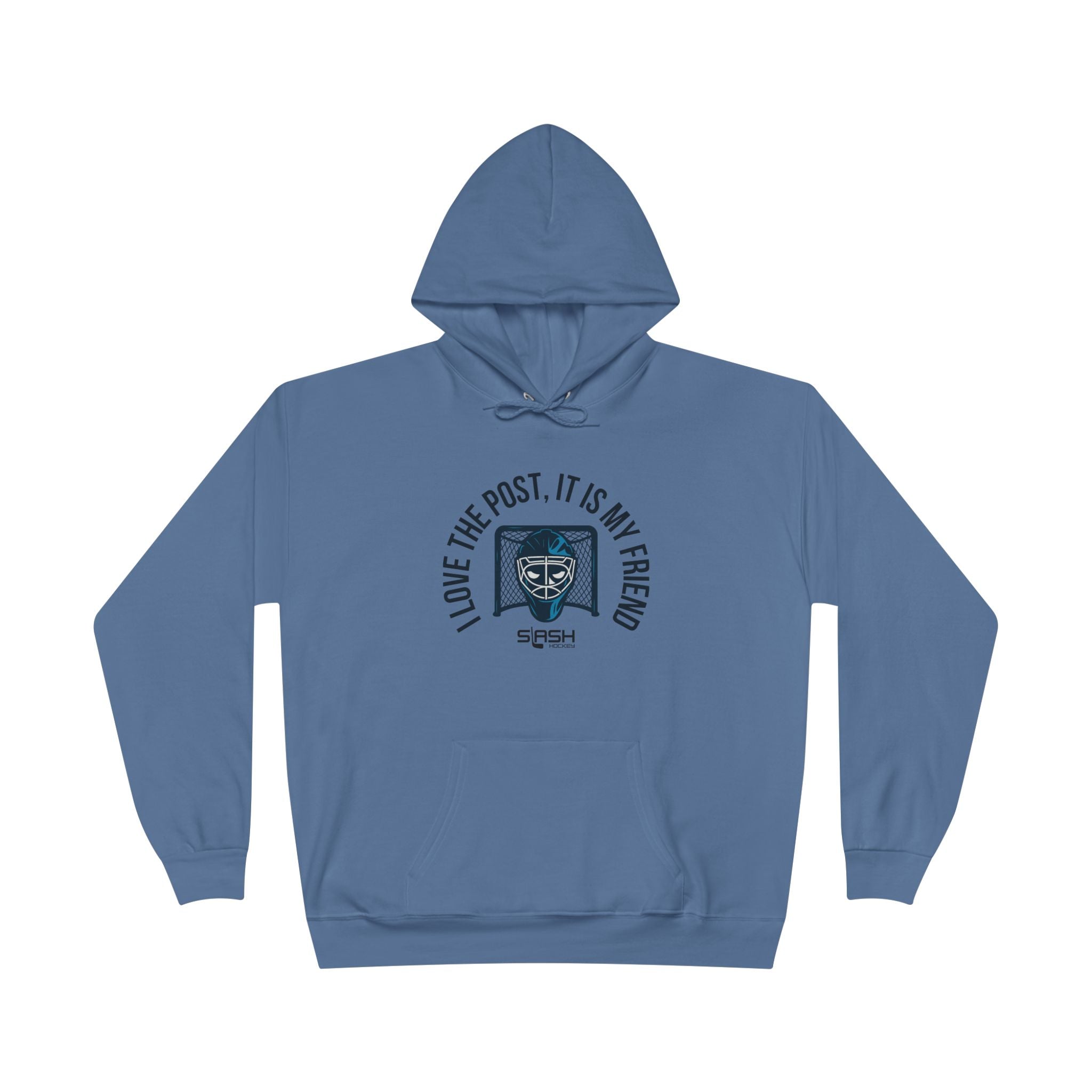 Unisex goalie hoodie in navy with “I love the post, it is my friend” slogan and blended goalie mask/hockey net design on chest.