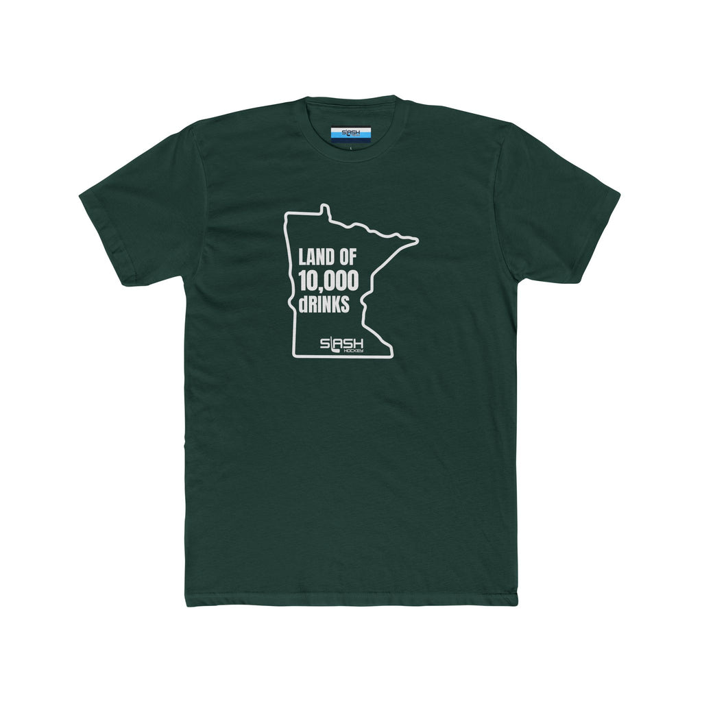 Unisex t-shirt with bold “Land of 10,000 dRINKS” slogan, Minnesota hockey-inspired design on chest.