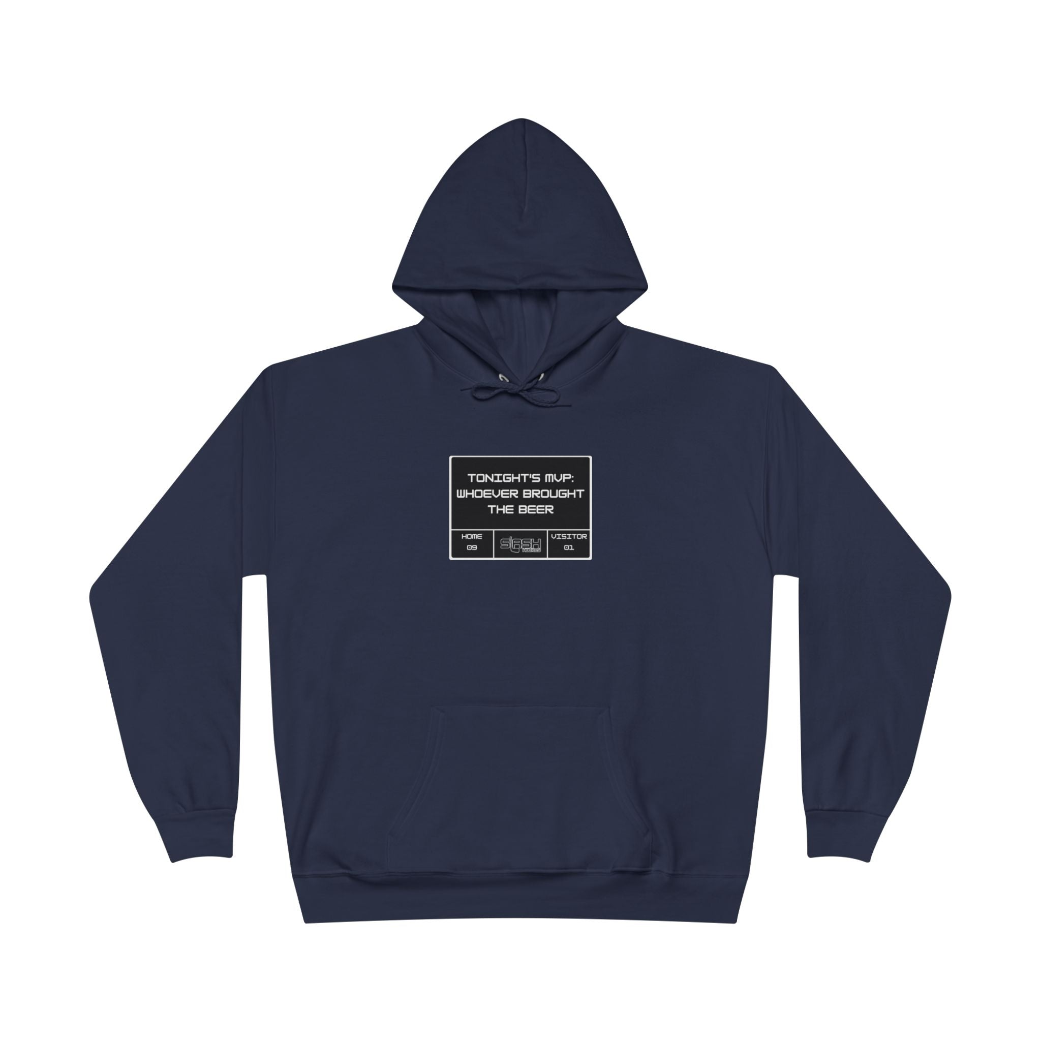 “Tonight’s MVP Hockey Hoodie front view — bold text design with distressed varsity-style lettering in navy, sky blue, and white, printed on premium cotton-blend hoodie.”