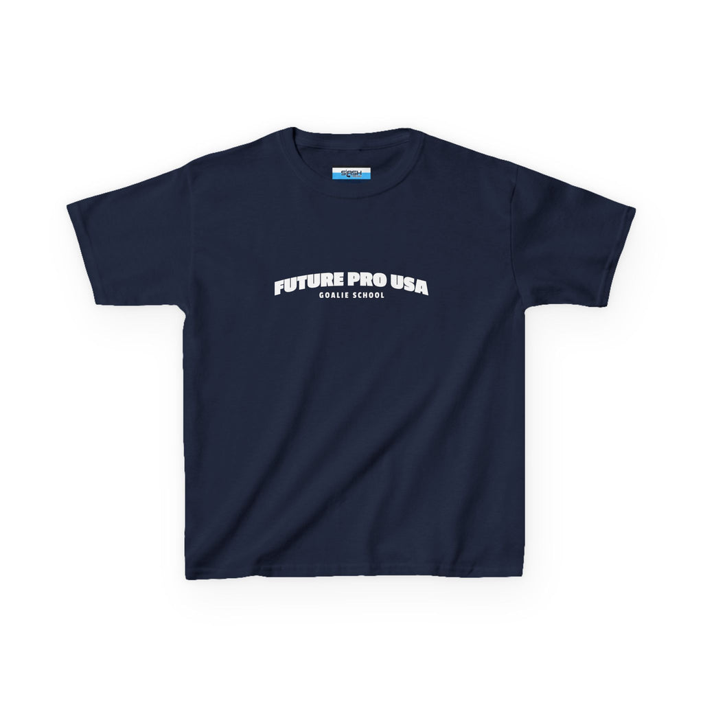 Youth Banner Future Pro USA Goalie School Tee, front view — youth hockey t-shirt featuring a bold banner-style Future Pro USA Goalie School graphic on the chest, clean athletic fit, displayed on a plain background.