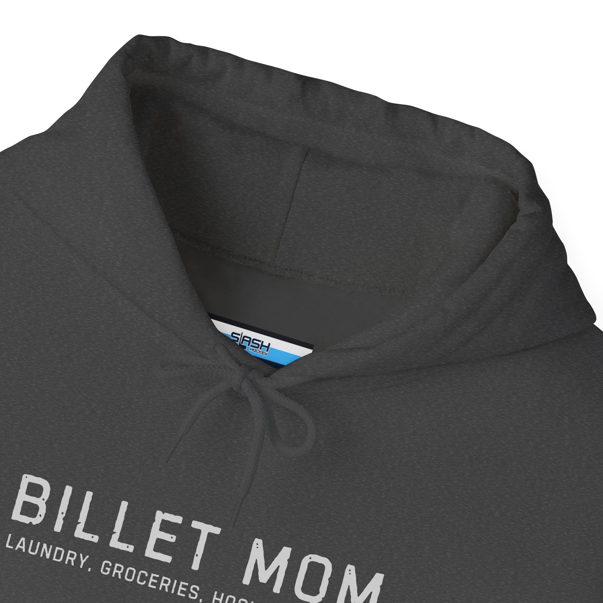 Close-up collar detail of Billet Mom hoodie showing soft cotton blend fabric and printed design
