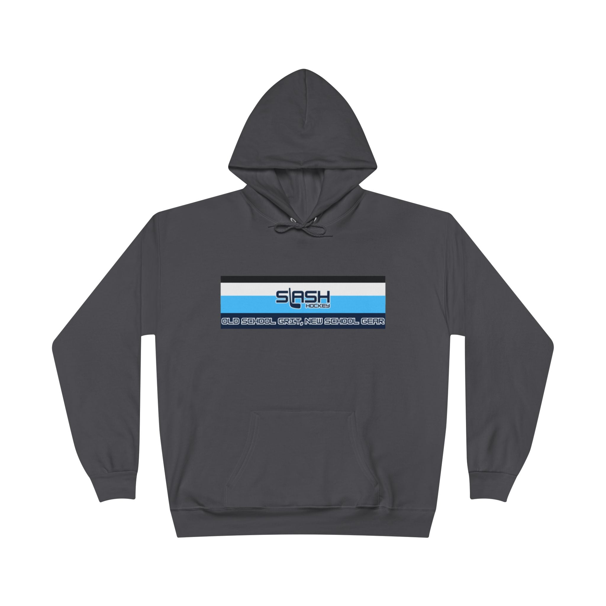 “Slash Hockey Hoodie front view — bold text and hockey stick logo design in navy, sky blue, and white, printed on premium cotton-blend hoodie.”