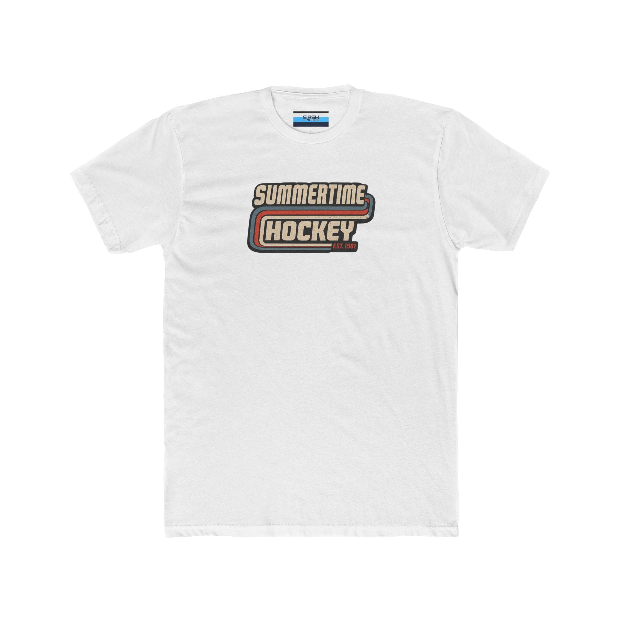 Front of the Summertime Hockey t-shirt featuring a vintage retro hockey graphic with distressed lettering and classic athletic stripes inspired by 1980s hockey apparel.