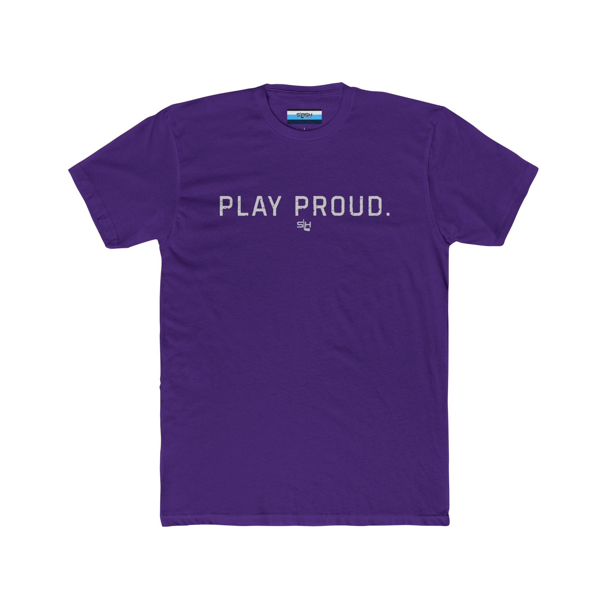 Play Proud hockey t-shirt front design featuring bold athletic block lettering 