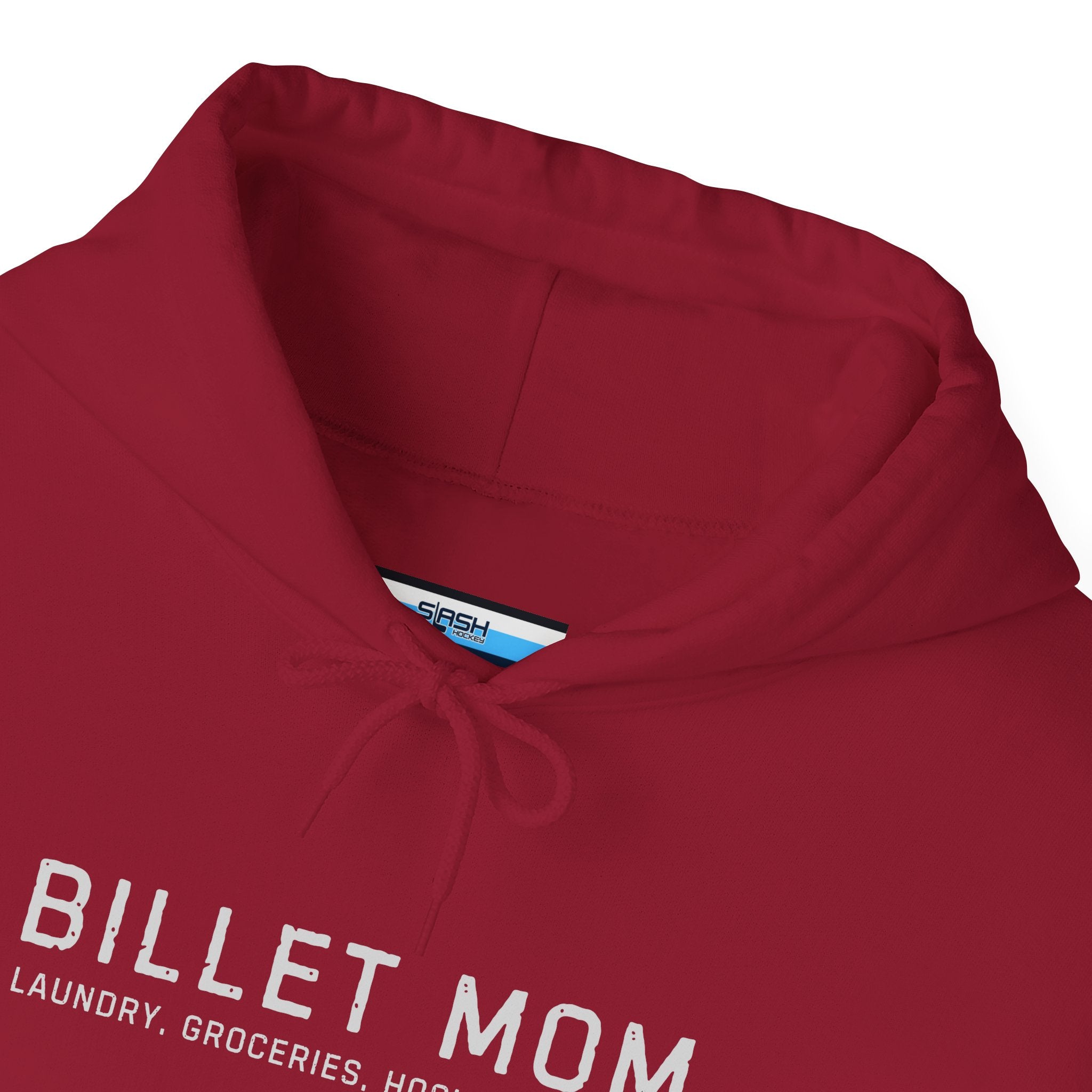 Close-up collar detail of Billet Mom hoodie showing soft cotton blend fabric and printed design