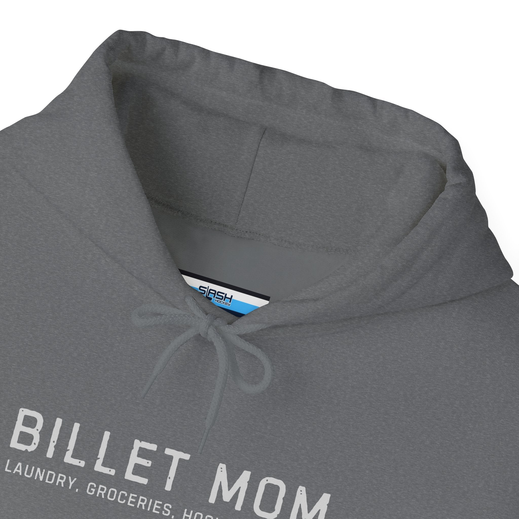 Close-up collar detail of Billet Mom hoodie showing soft cotton blend fabric and printed design