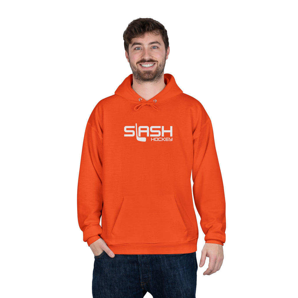 Male model wearing Mini Stick Hockey GOAT Hoodie, casual hockey streetwear style for players and fans