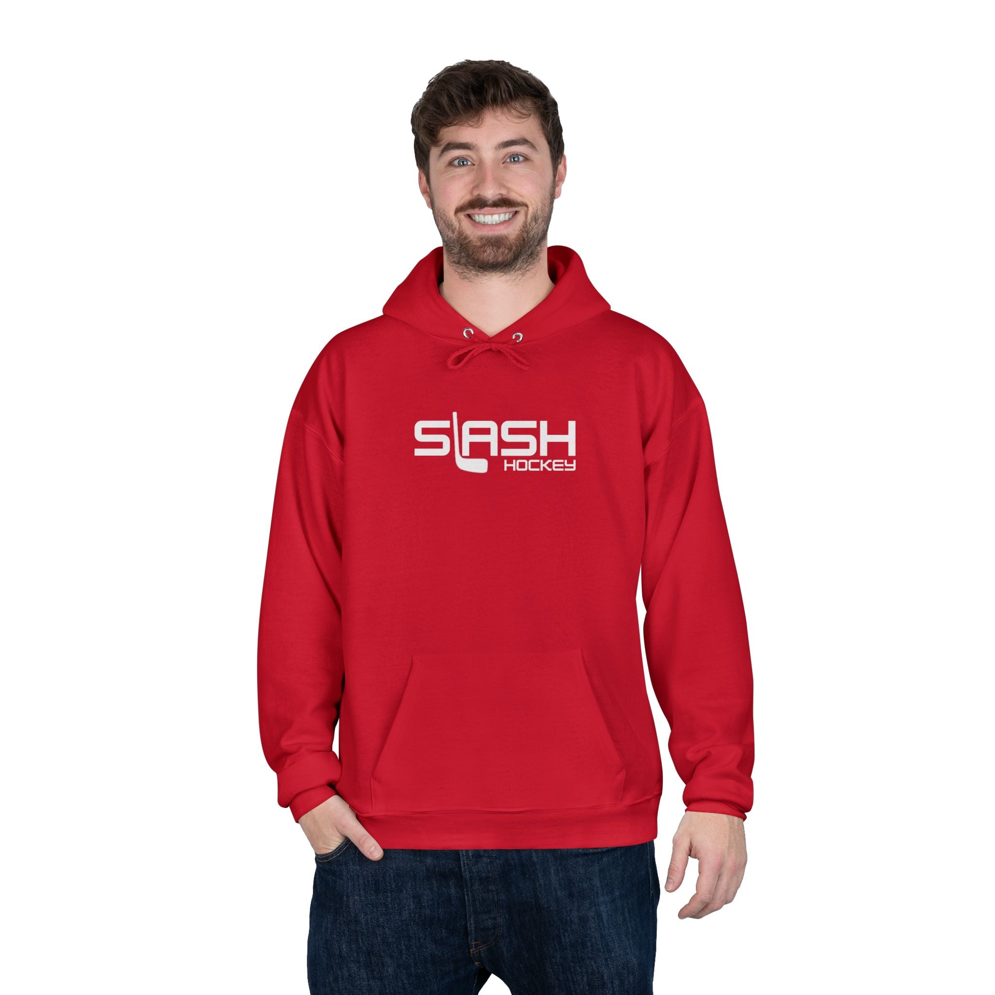 Male model wearing Mini Stick Hockey GOAT Hoodie, casual hockey streetwear style for players and fans