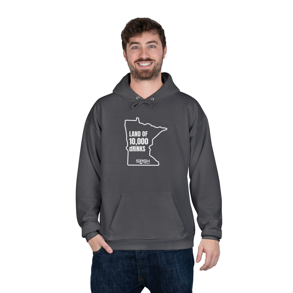 Male model wearing “Land of 10,000 dRINKS” Minnesota hockey hoodie, styled casually for rink and post-game beers.