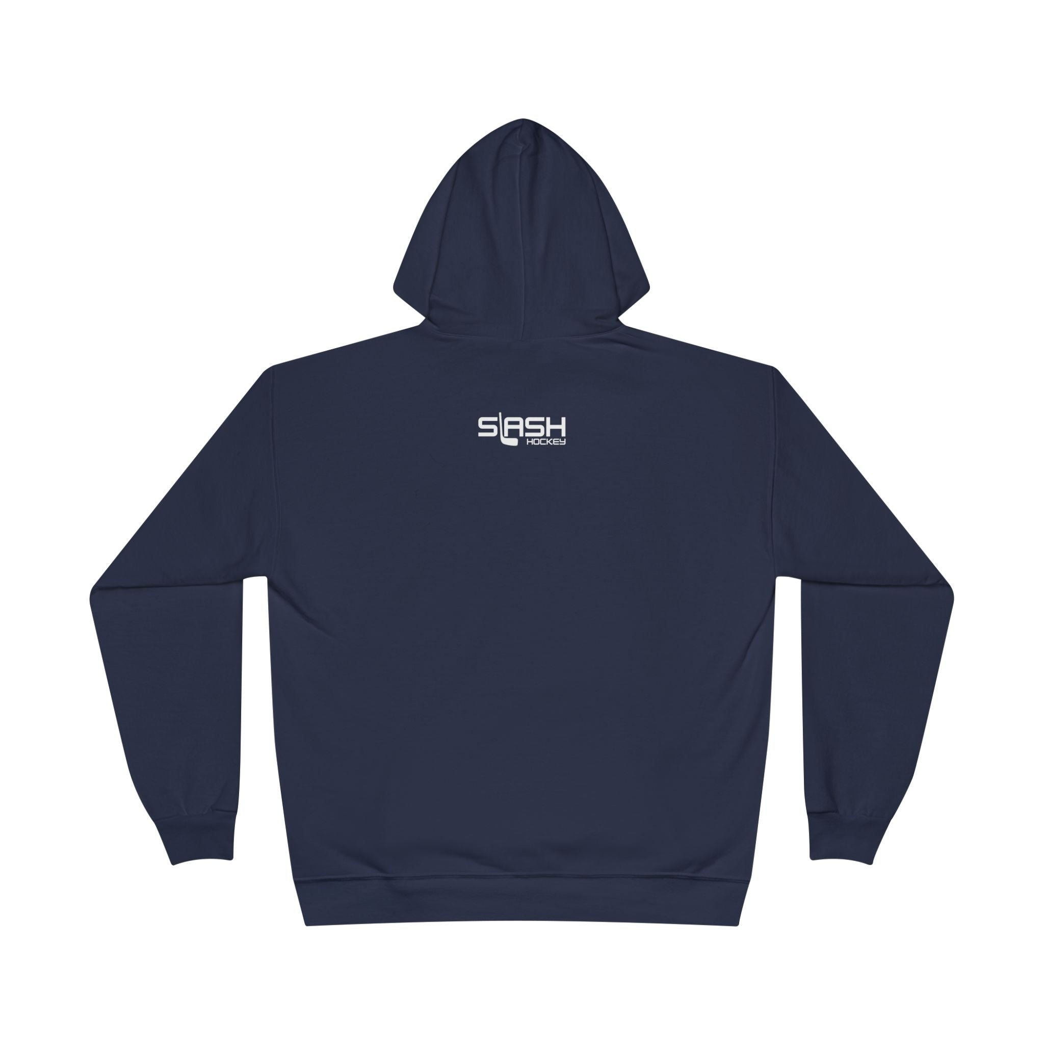 “Back view of navy hoodie, plain design with hood and pouch pocket.”