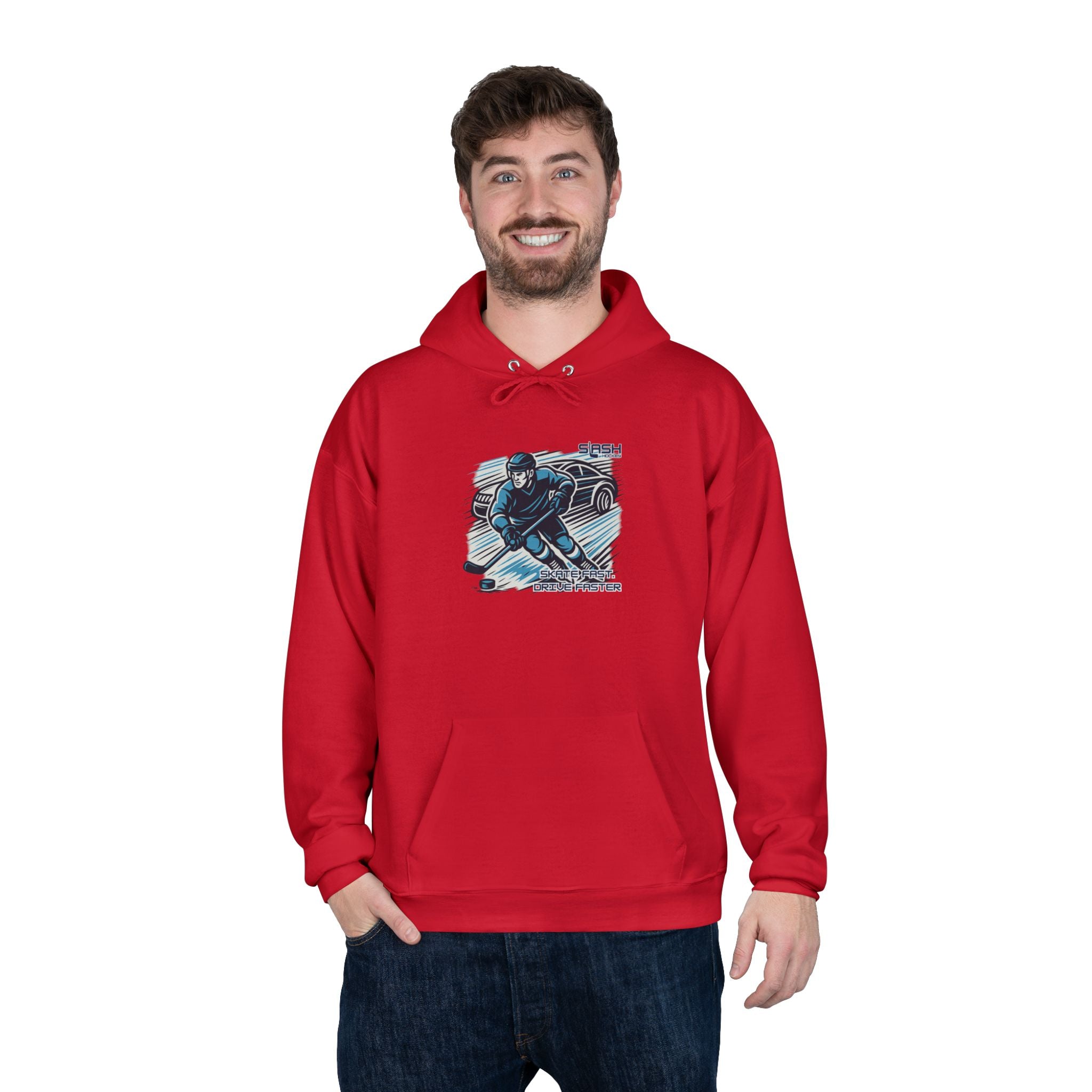 “Skate Fast. Drive Faster. Hockey Hoodie lifestyle photo — model wearing hockey culture hoodie with bold text design, casual fit for rink, travel, or everyday wear.”