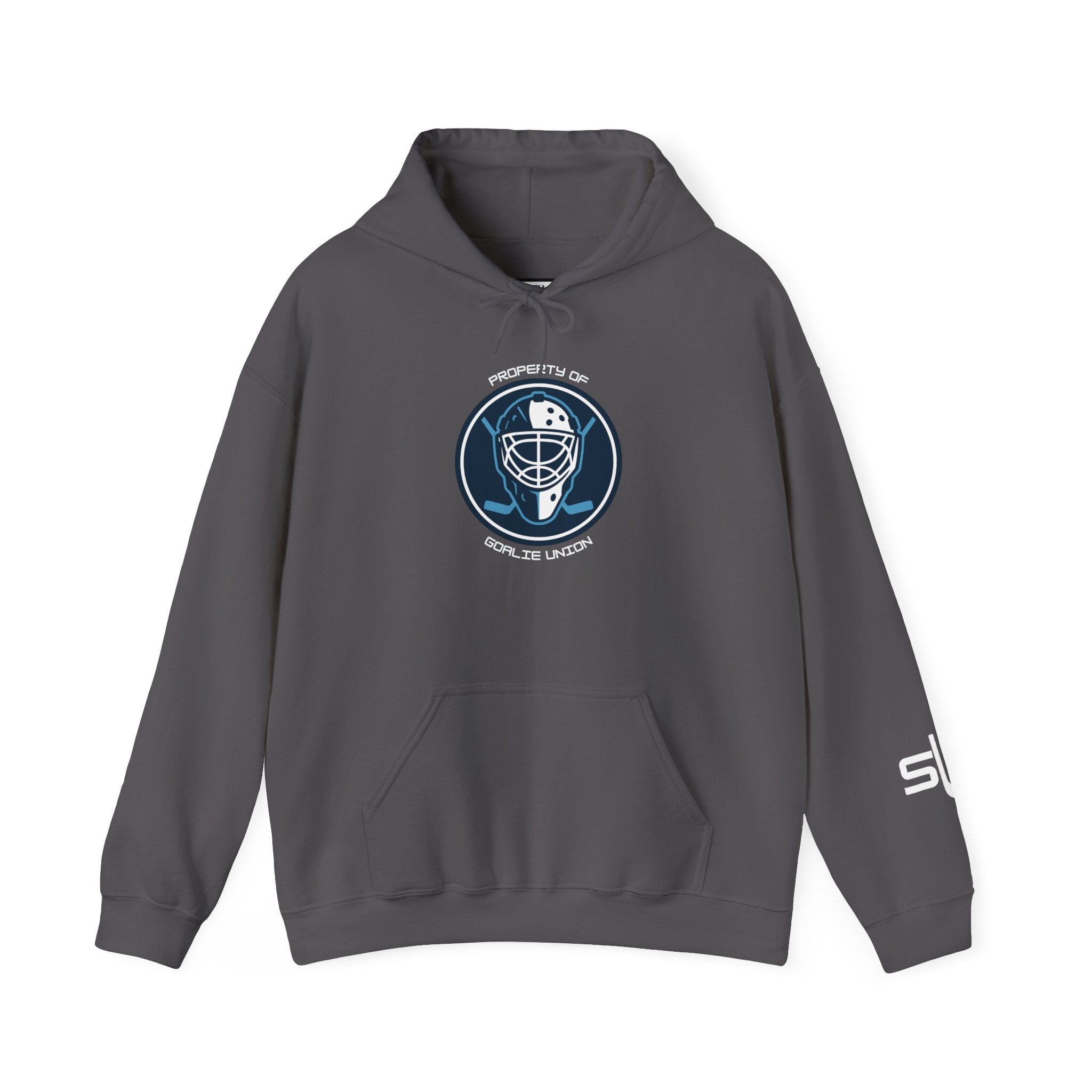Front view of the Goalie Union Hoodie featuring the bold Goalie Union emblem, displayed flat for product detail.