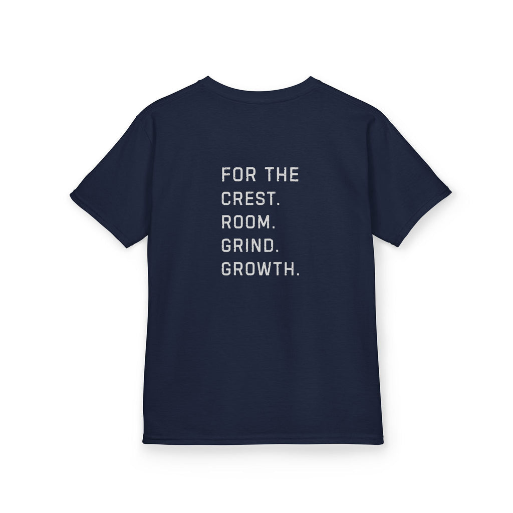 Youth hockey t-shirt back design featuring “For the crest. For the rink. For the grind. For the growth.” message for young hockey players