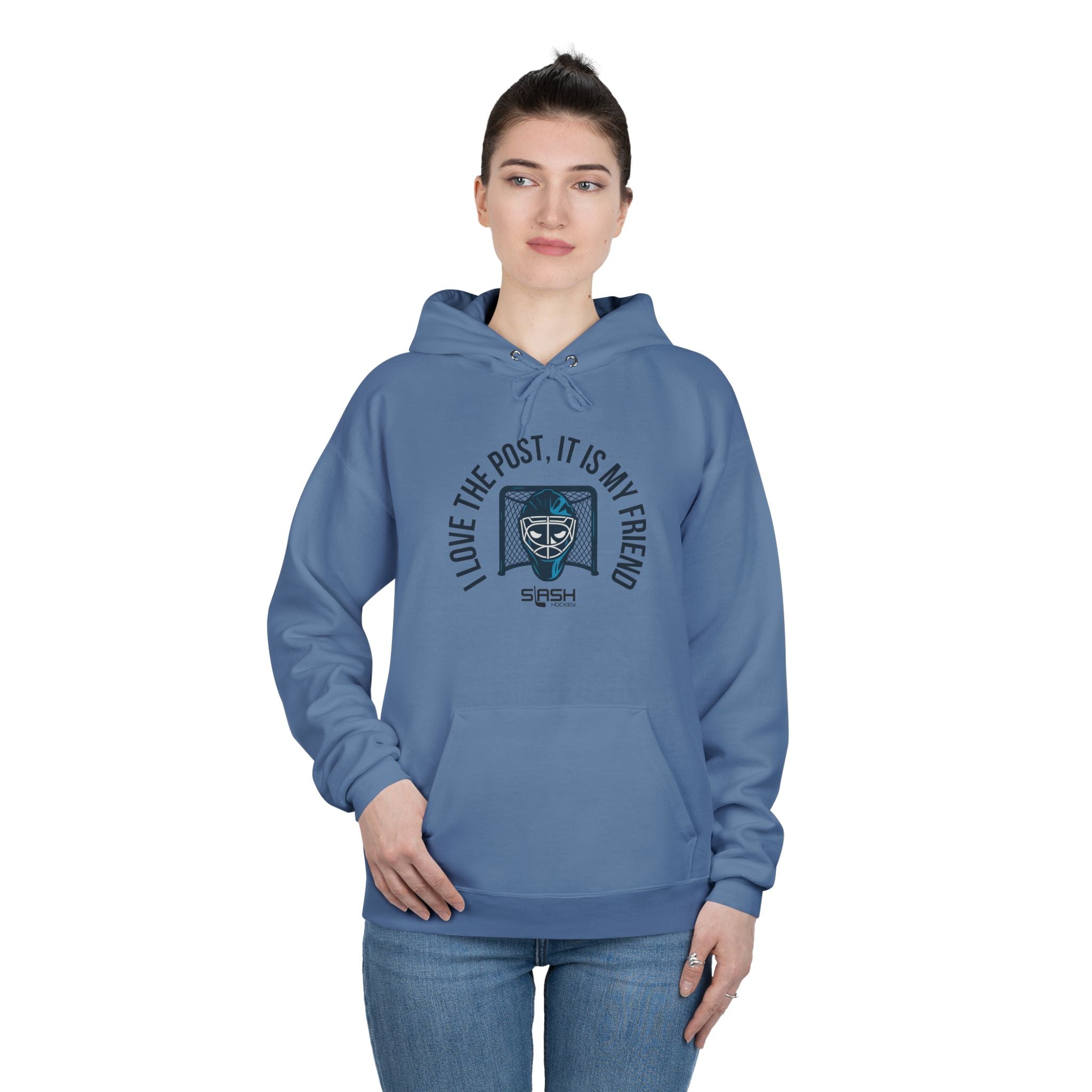 Female model wearing goalie hoodie with “I love the post, it is my friend” design, styled casually for everyday hockey culture look.