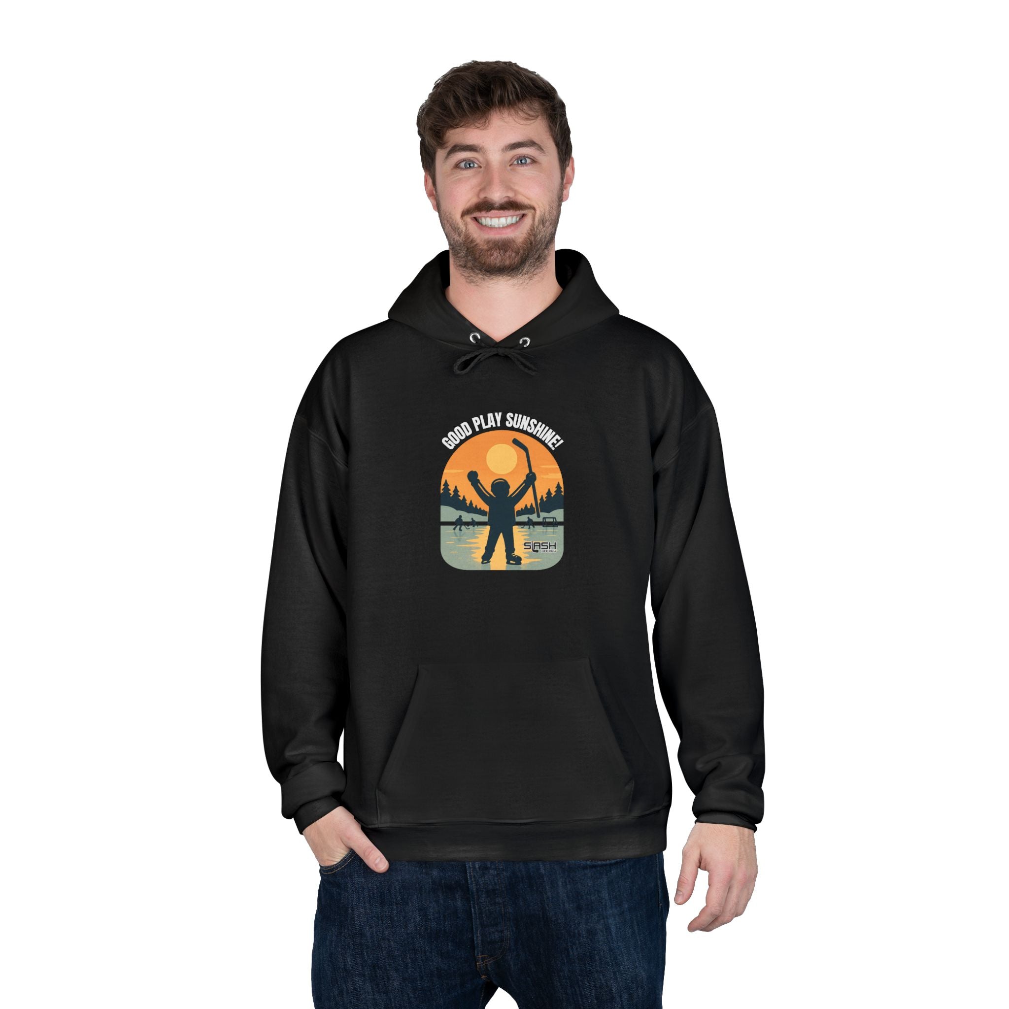 Male model wearing the Good Play Sunshine! Hoodie outdoors on a winter day, showing the nostalgic hockey graphic and comfortable athletic fit.