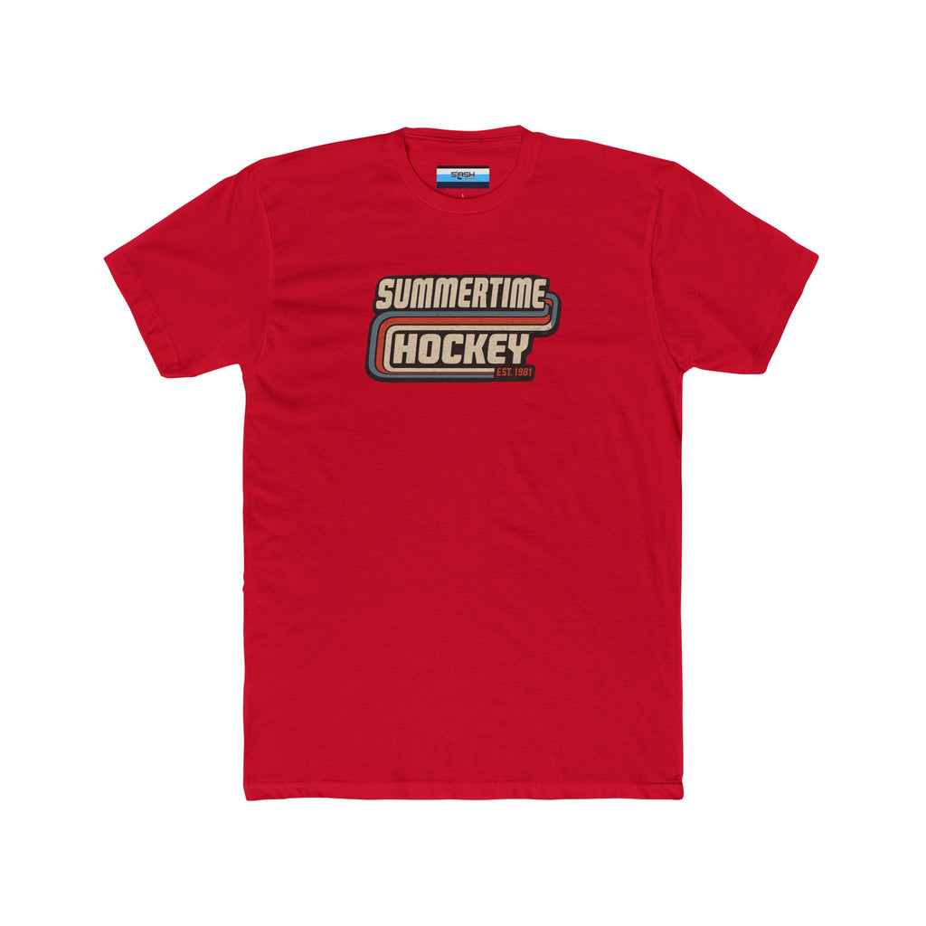 Front of the Summertime Hockey t-shirt featuring a vintage retro hockey graphic with distressed lettering and classic athletic stripes inspired by 1980s hockey apparel.