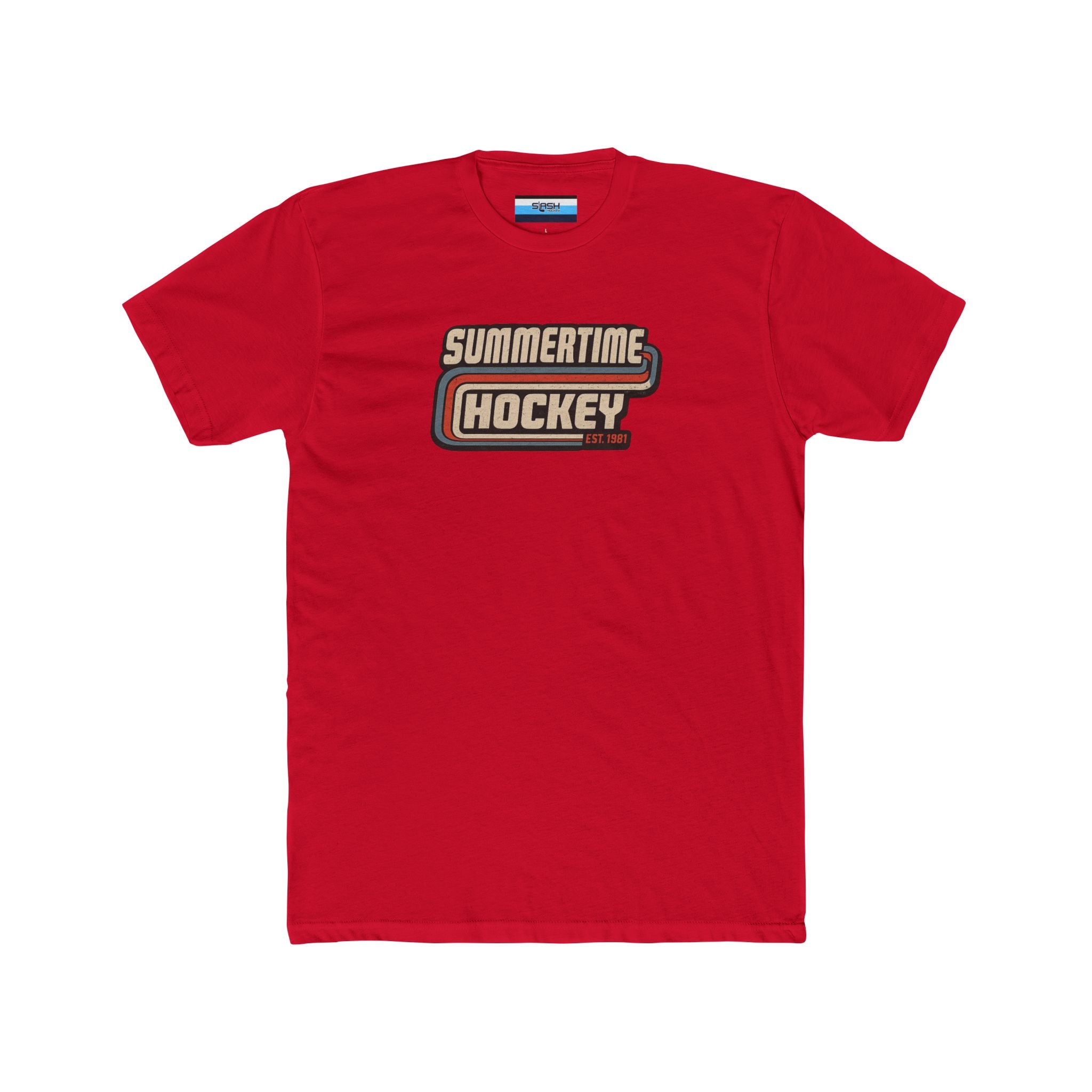 Front of the Summertime Hockey t-shirt featuring a vintage retro hockey graphic with distressed lettering and classic athletic stripes inspired by 1980s hockey apparel.