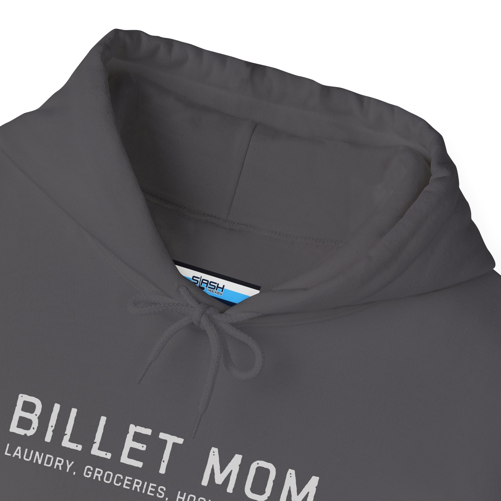 Close-up collar detail of Billet Mom hoodie showing soft cotton blend fabric and printed design