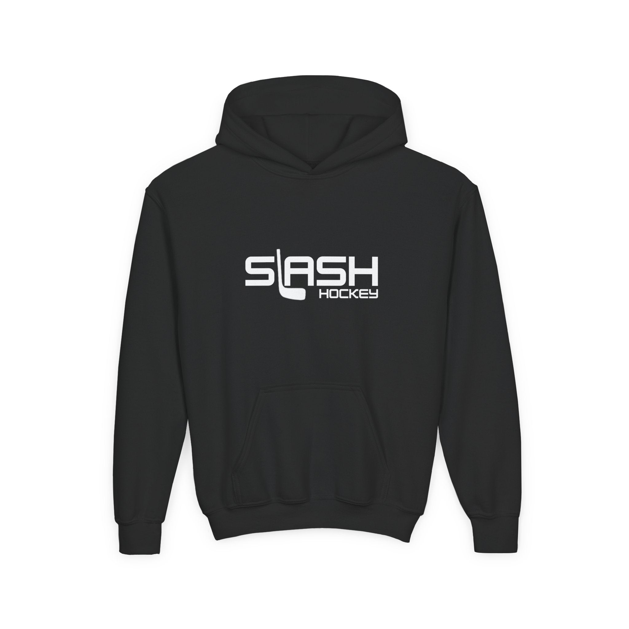 Front view of the Youth Slash Hockey Hoodie in navy with Slash Hockey design.