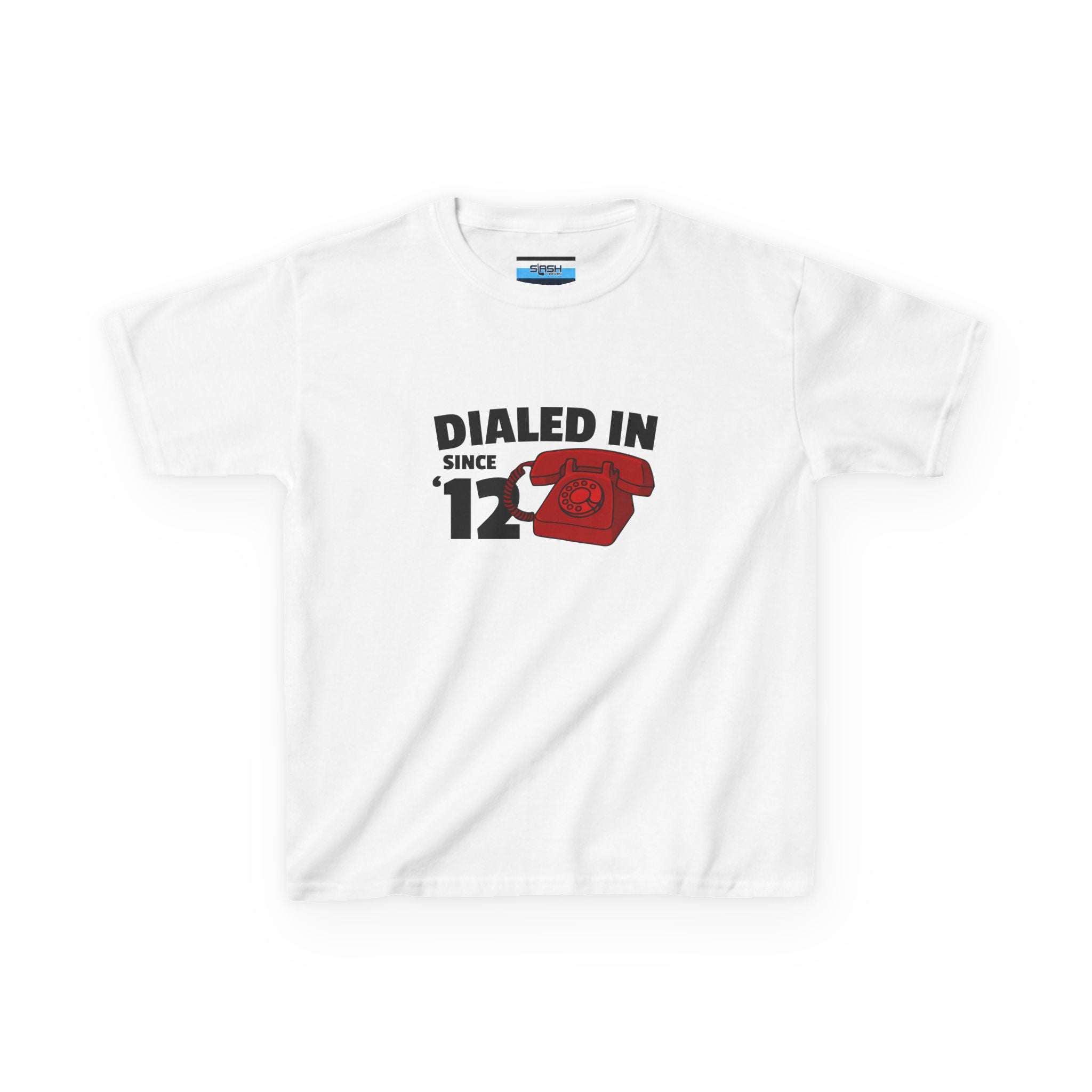 Youth Dialed In Since ’12 Tee, front view — youth hockey t-shirt featuring a bold “Dialed In Since ’12” graphic on the chest, clean athletic fit, displayed on a plain background.