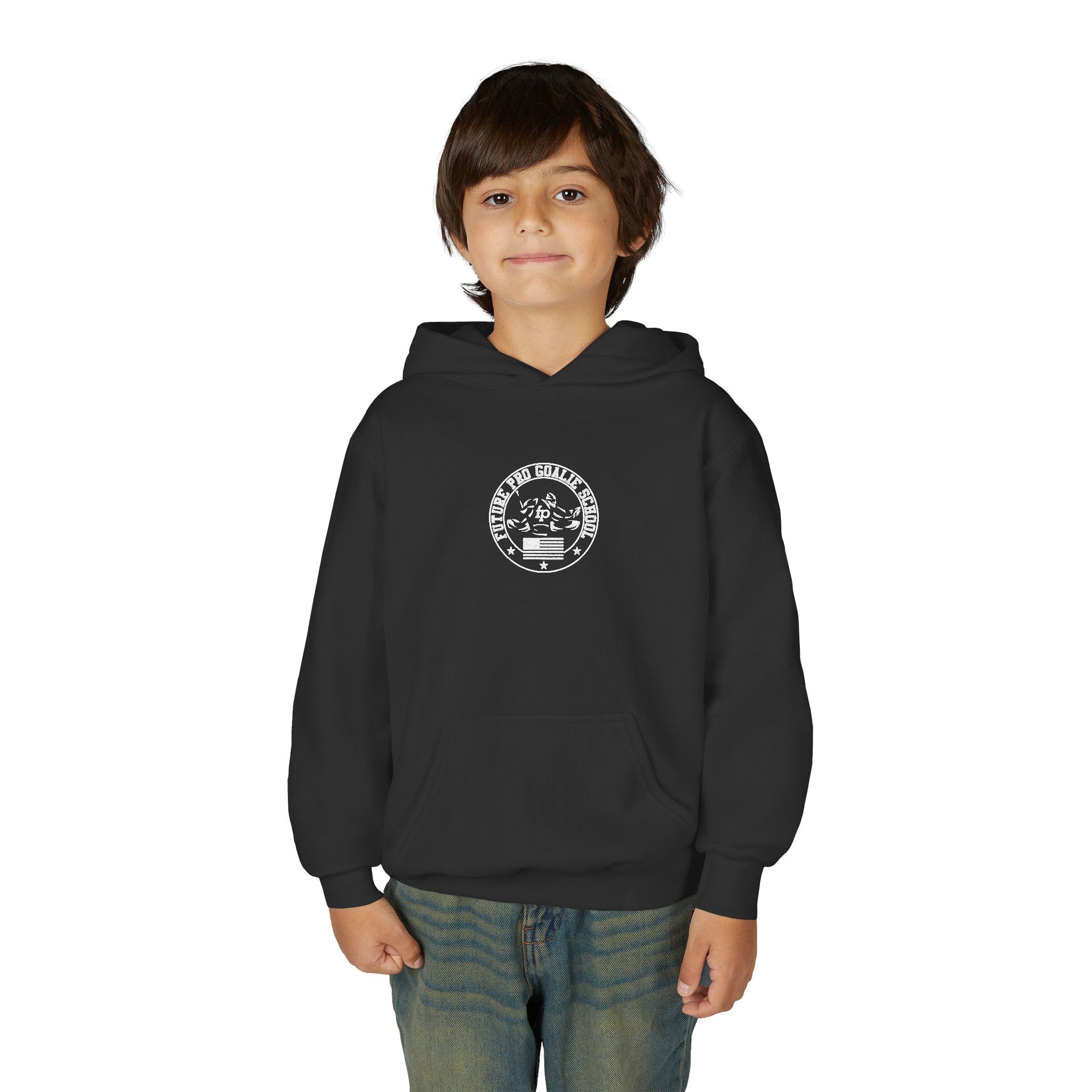 Young male model wearing the black Youth Future Pro USA Hoodie in a casual setting, showcasing the front graphic and relaxed fit.