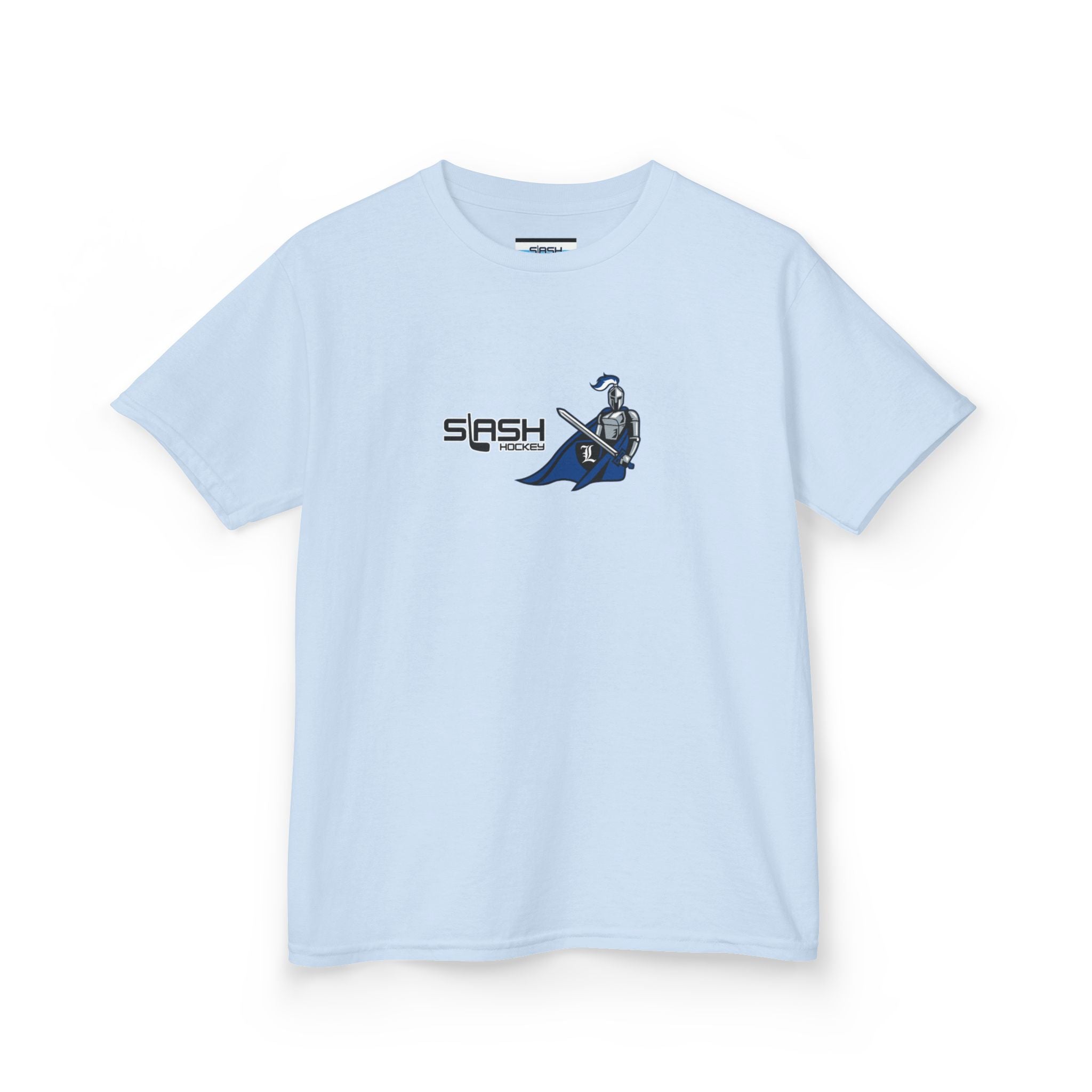 Front view of Livonia Hockey Association youth t-shirt, smaller sizing for kids and young players. Team logo printed on chest, casual athletic fit.