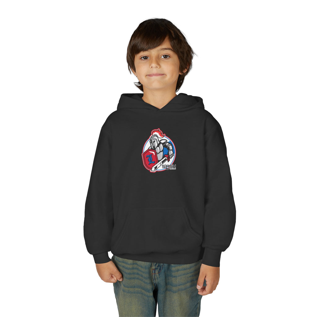 LHA Youth Hockey Hoodie lifestyle photo — young player wearing Livonia Hockey Association hoodie in team colors, cozy fit for rink or everyday wear.