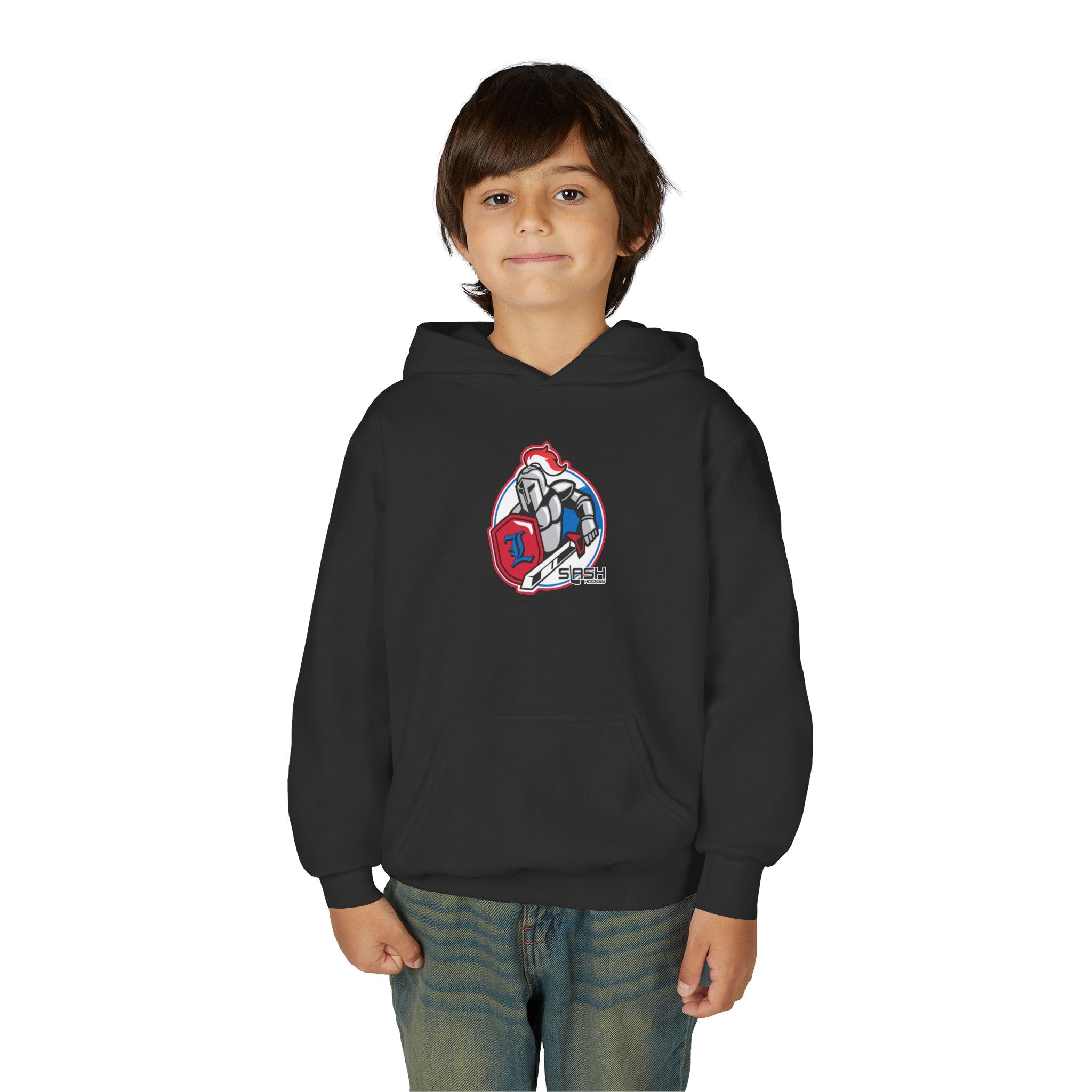 LHA Youth Hockey Hoodie lifestyle photo — young player wearing Livonia Hockey Association hoodie in team colors, cozy fit for rink or everyday wear.