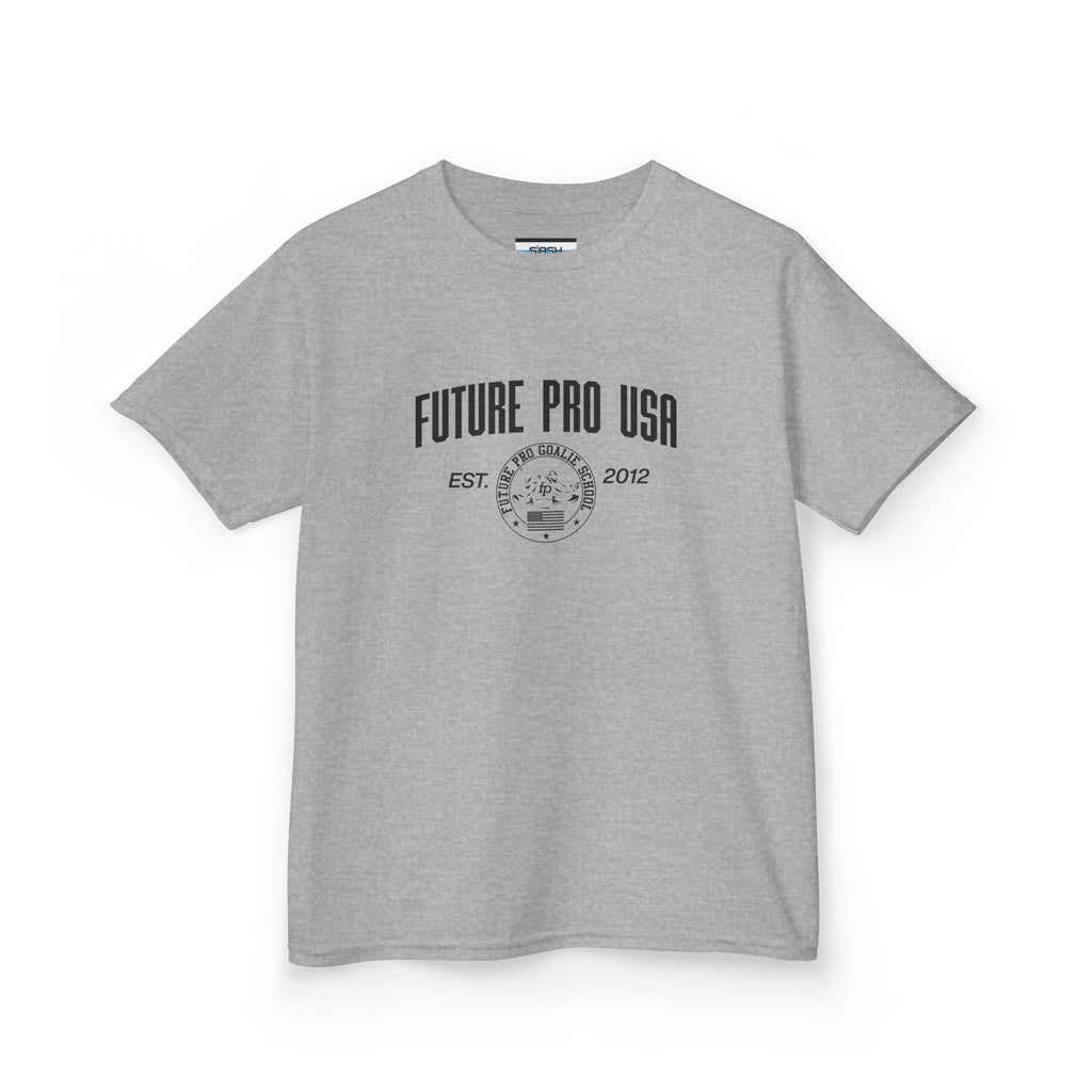 Youth Vintage Future Pro USA Tee, front view — youth hockey t-shirt featuring a retro-style Future Pro USA graphic with a vintage, worn-in look on the chest, athletic fit, displayed on a plain background.