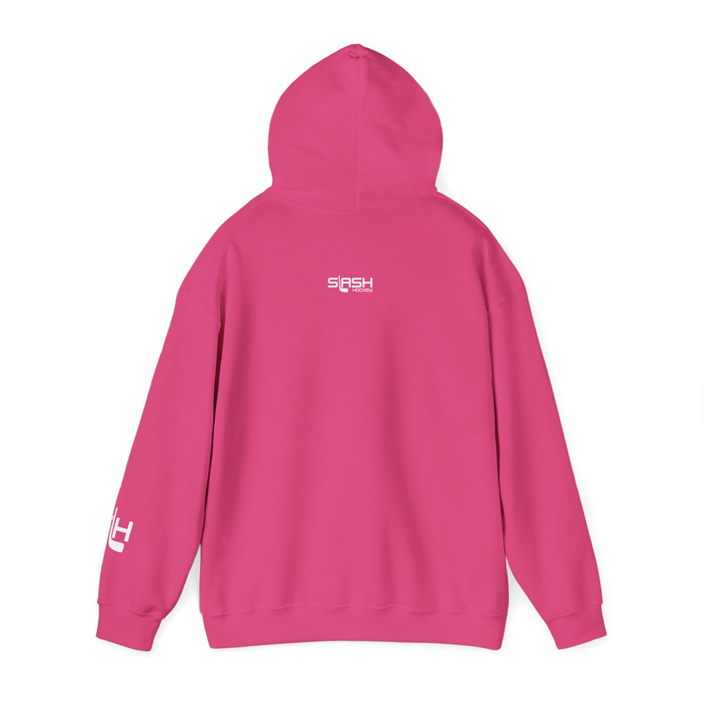 Back of Grow Hockey hoodie in solid color with Slash Hockey logo, clean and minimal design.