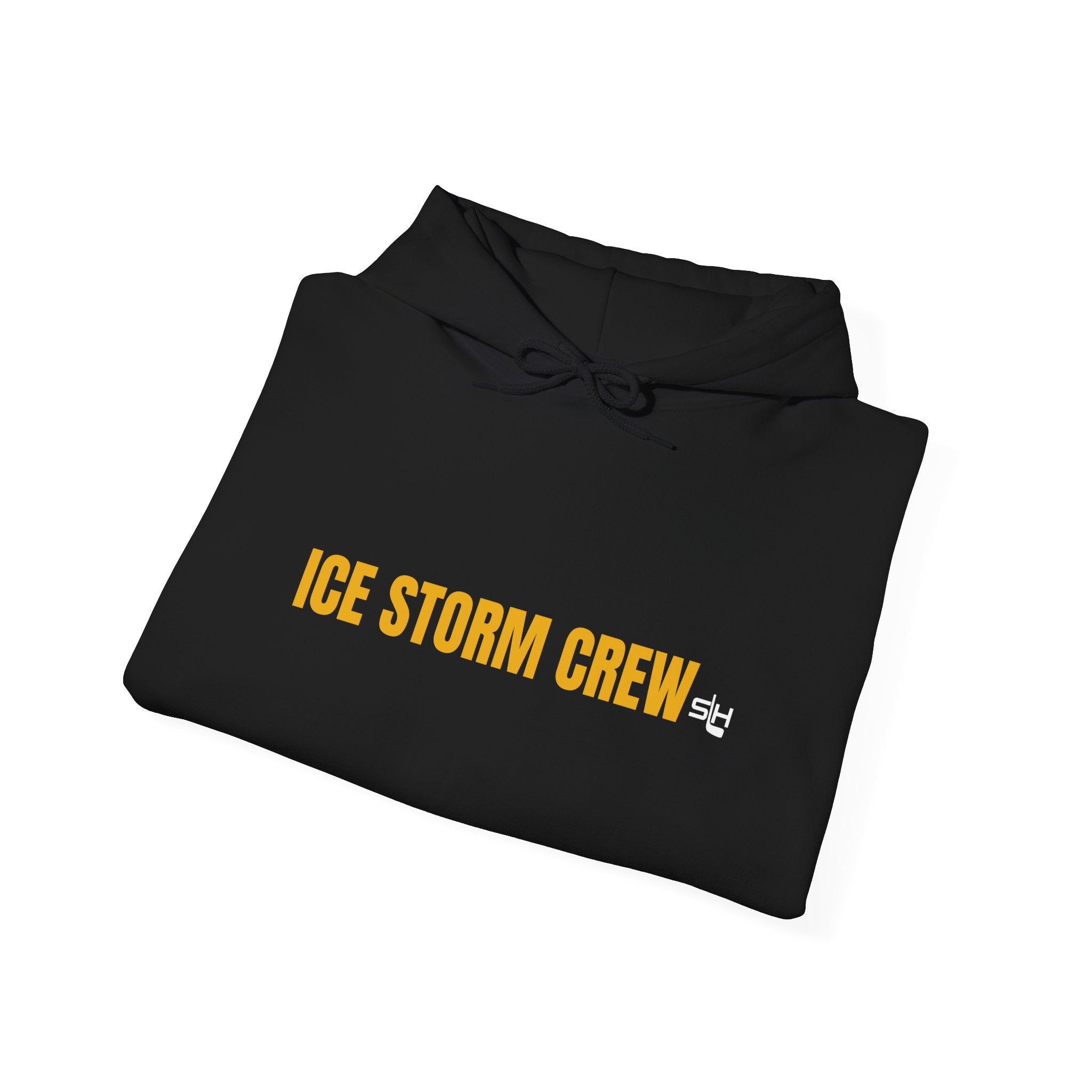 Folded black Ice Storm Crew hoodie highlighting heavy blend fabric and bold chest typography
