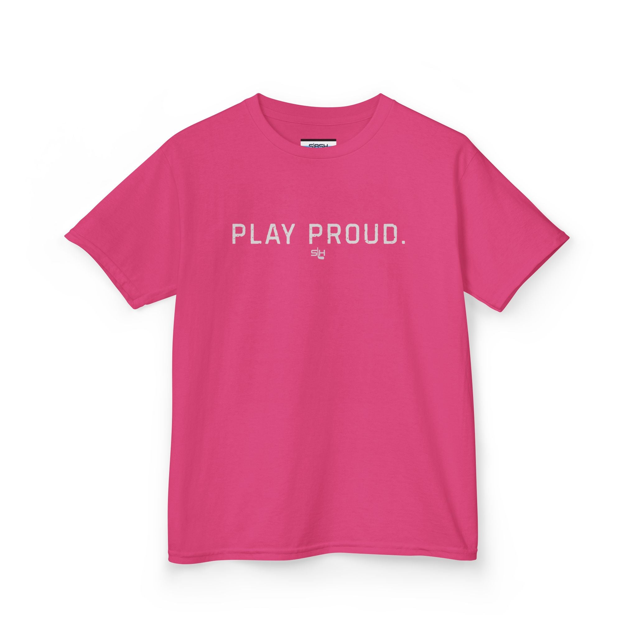 Youth Play Proud hockey tee for kids featuring minimalist “Play Proud” text design celebrating youth hockey pride and sportsmanship