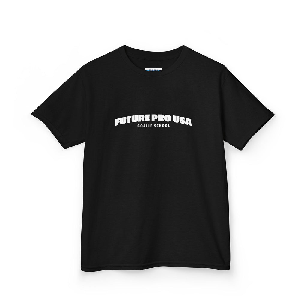 Youth Banner Future Pro USA Goalie School Tee, front view — youth hockey t-shirt featuring a bold banner-style Future Pro USA Goalie School graphic on the chest, clean athletic fit, displayed on a plain background.