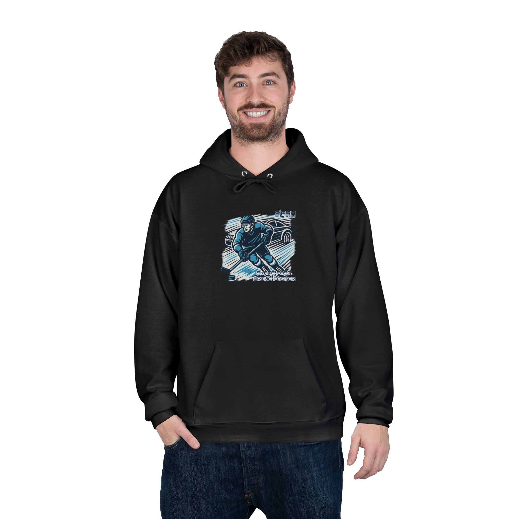 “Skate Fast. Drive Faster. Hockey Hoodie lifestyle photo — model wearing hockey culture hoodie with bold text design, casual fit for rink, travel, or everyday wear.”
