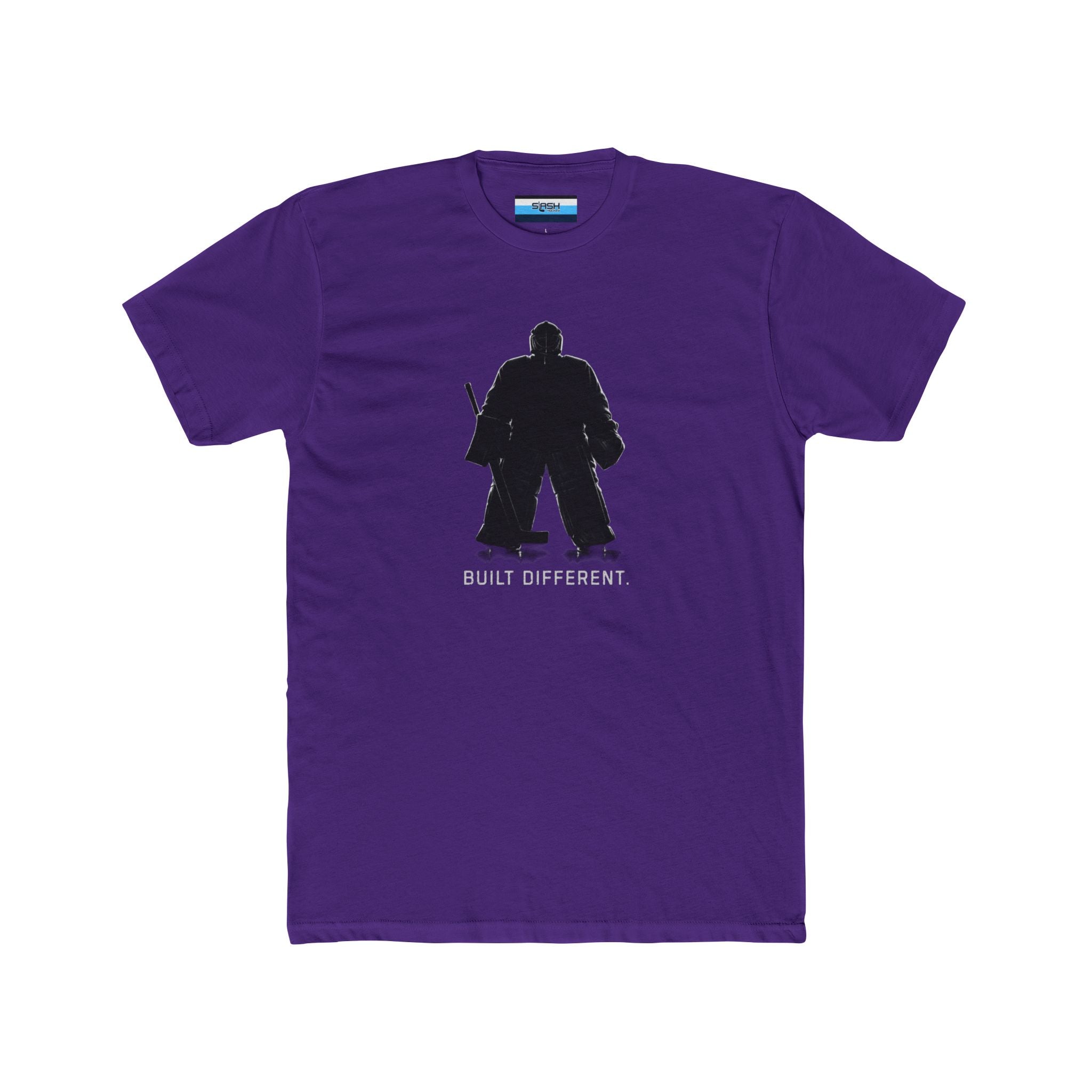 Hockey goalie t-shirt featuring a black standing goalie silhouette with “Built Different” text, designed for hockey goalies and crease mentality apparel.