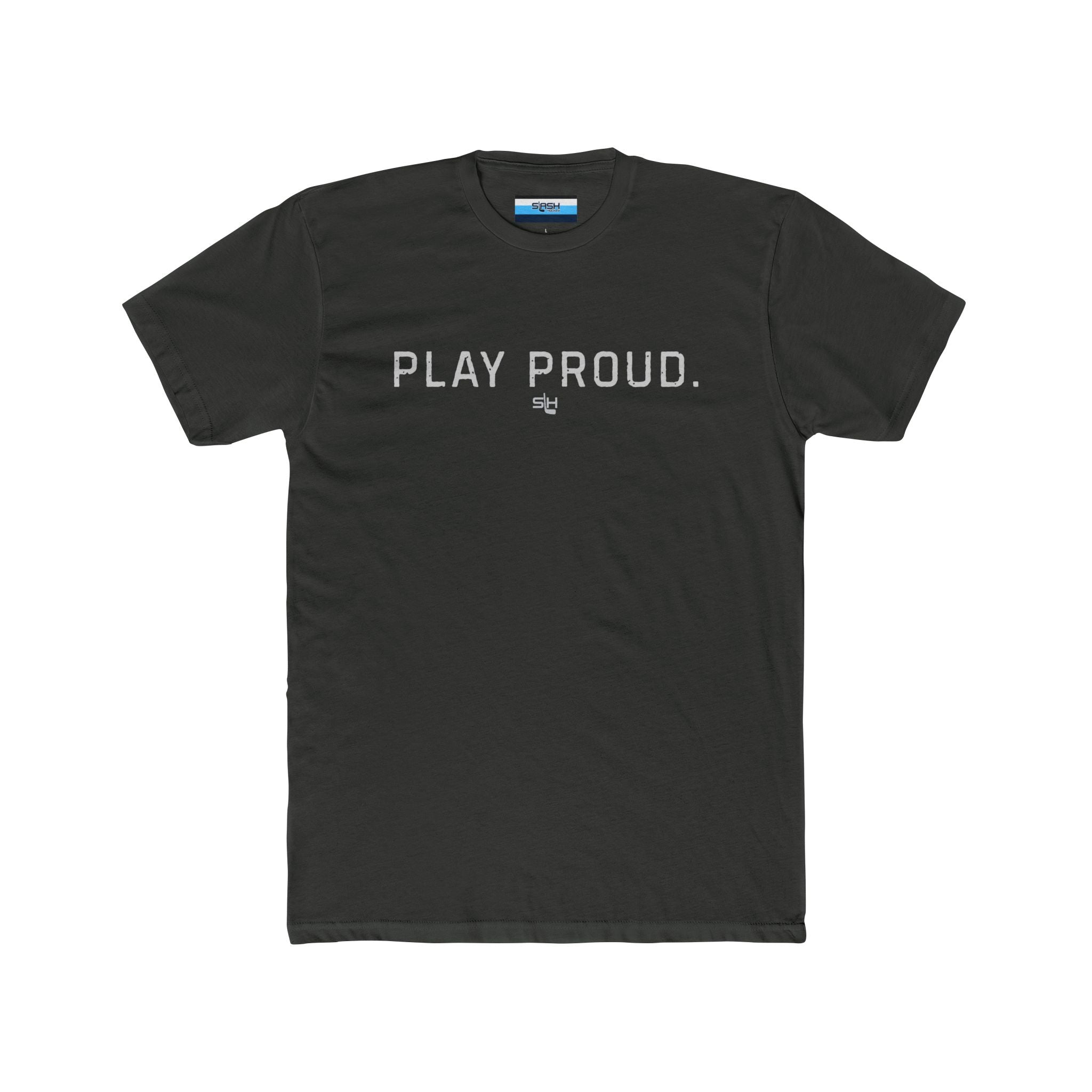 Play Proud hockey t-shirt front design featuring bold athletic block lettering 