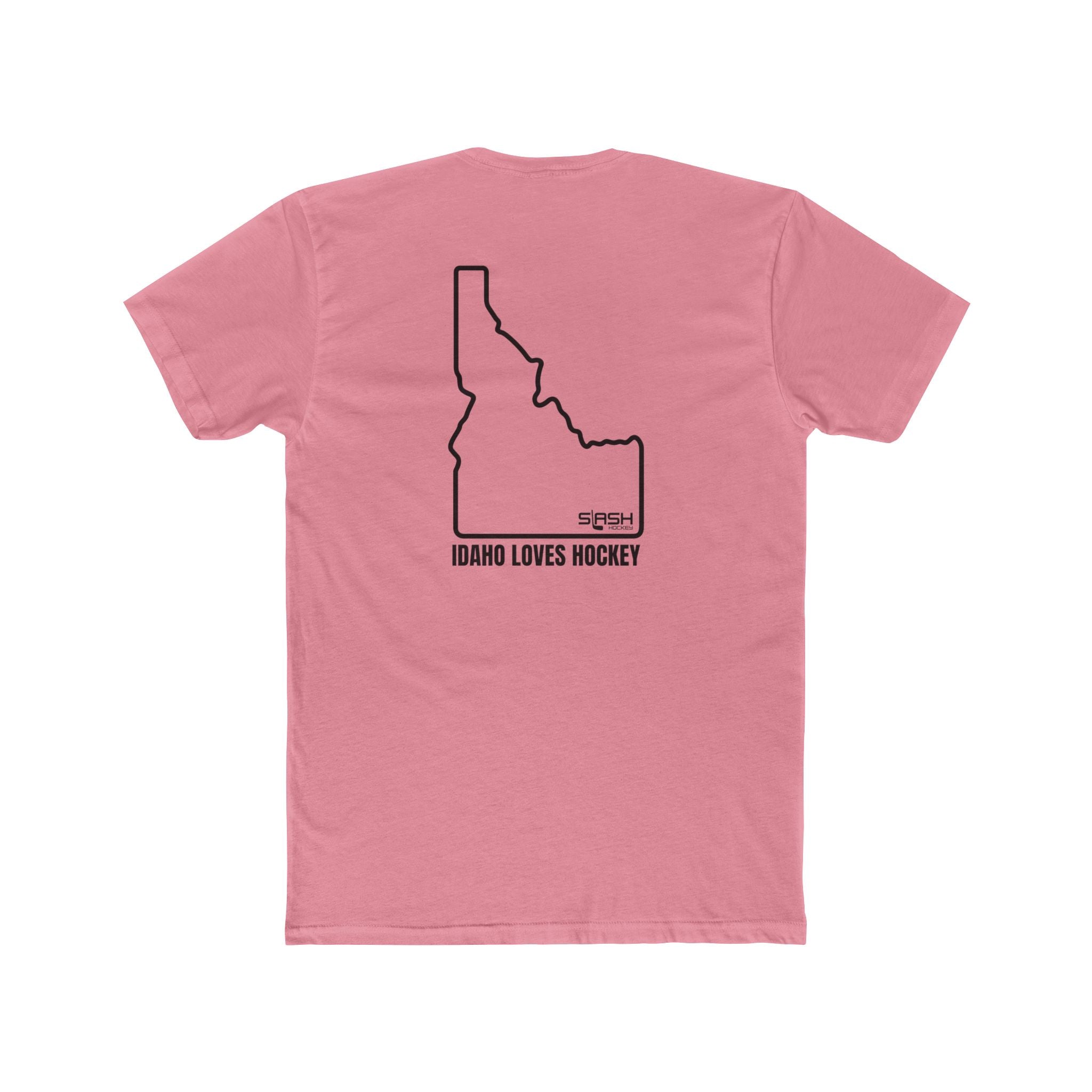 Back view of the Idaho Loves Hockey t-shirt showing the state of Idaho, Idaho Loves Hockey, and the Slash Hockey logo. 