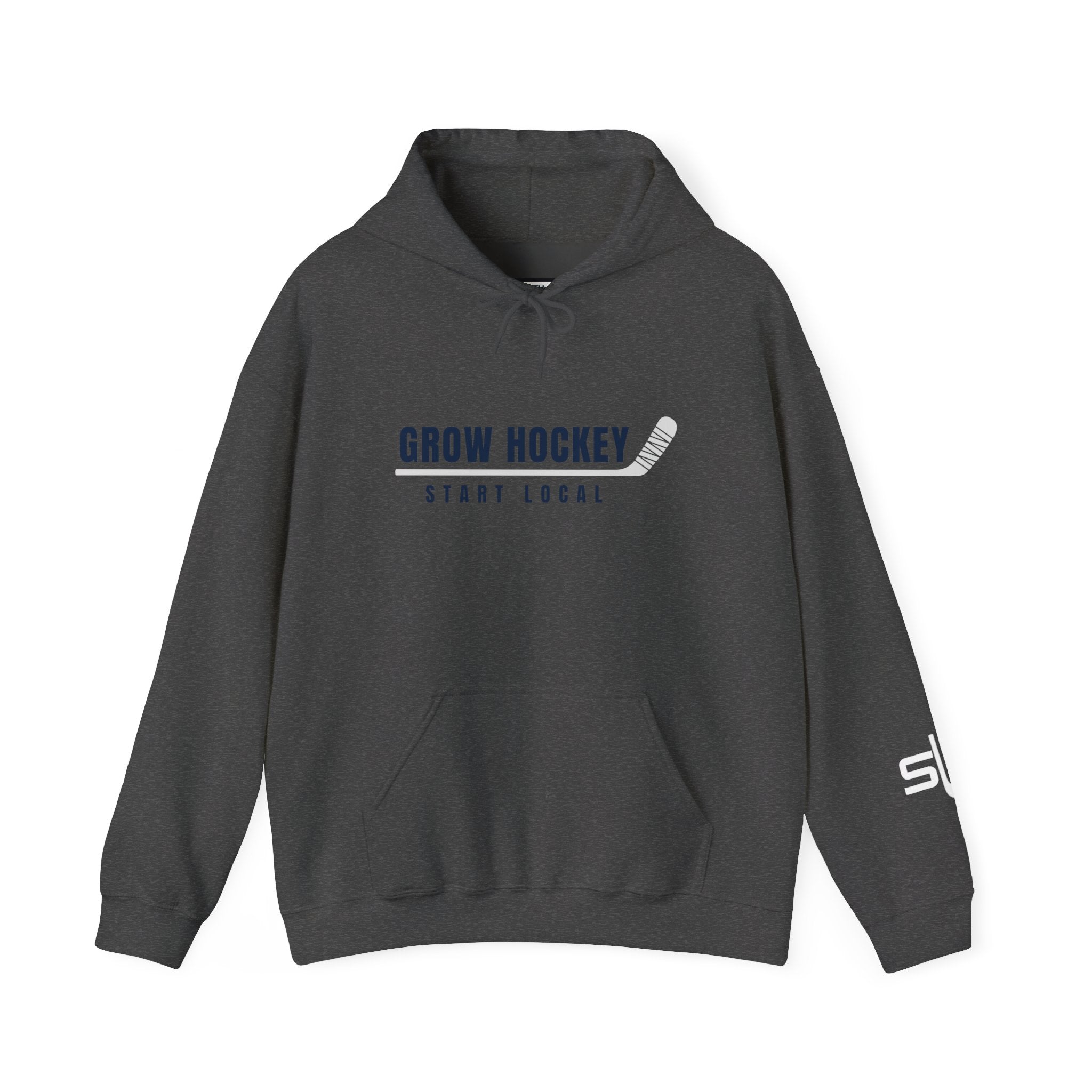 Grow Hockey Start Local hoodie featuring bold GROW HOCKEY text with a taped hockey stick underline and START LOCAL below in clean athletic typography.