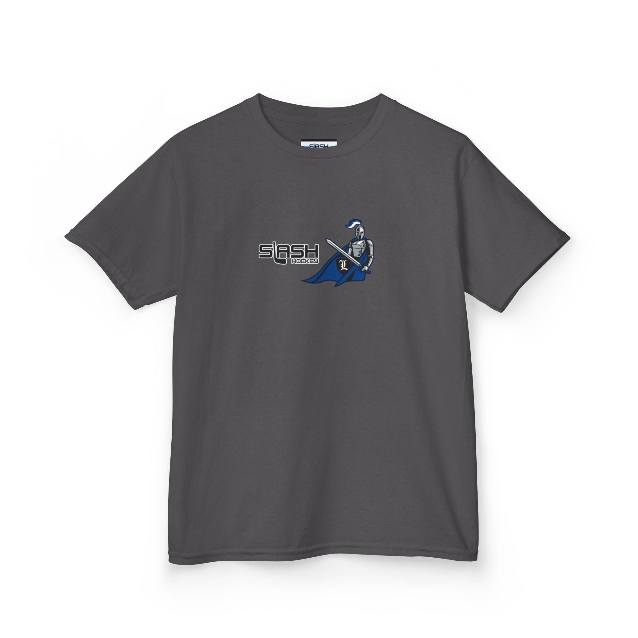 Front view of Livonia Hockey Association youth t-shirt, smaller sizing for kids and young players. Team logo printed on chest, casual athletic fit.