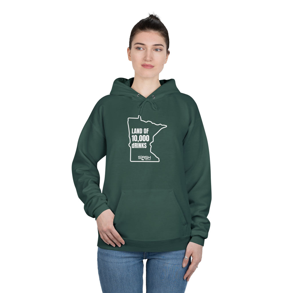 Female model in “Land of 10,000 dRINKS” hoodie, casual Minnesota hockey look for everyday wear and beer league culture.