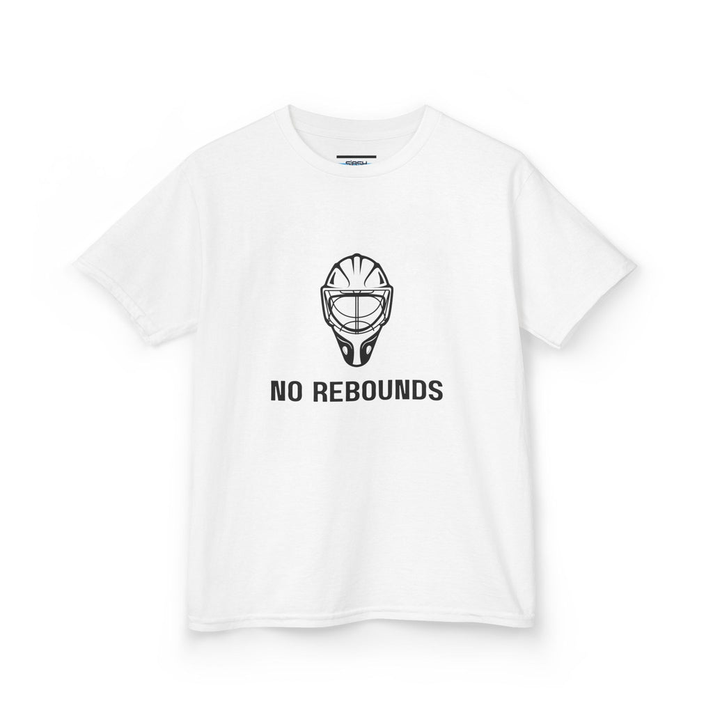 Youth No Rebounds Tee, front view — youth hockey t-shirt featuring a bold goalie-themed “No Rebounds” graphic on the chest, athletic fit, displayed on a plain background.