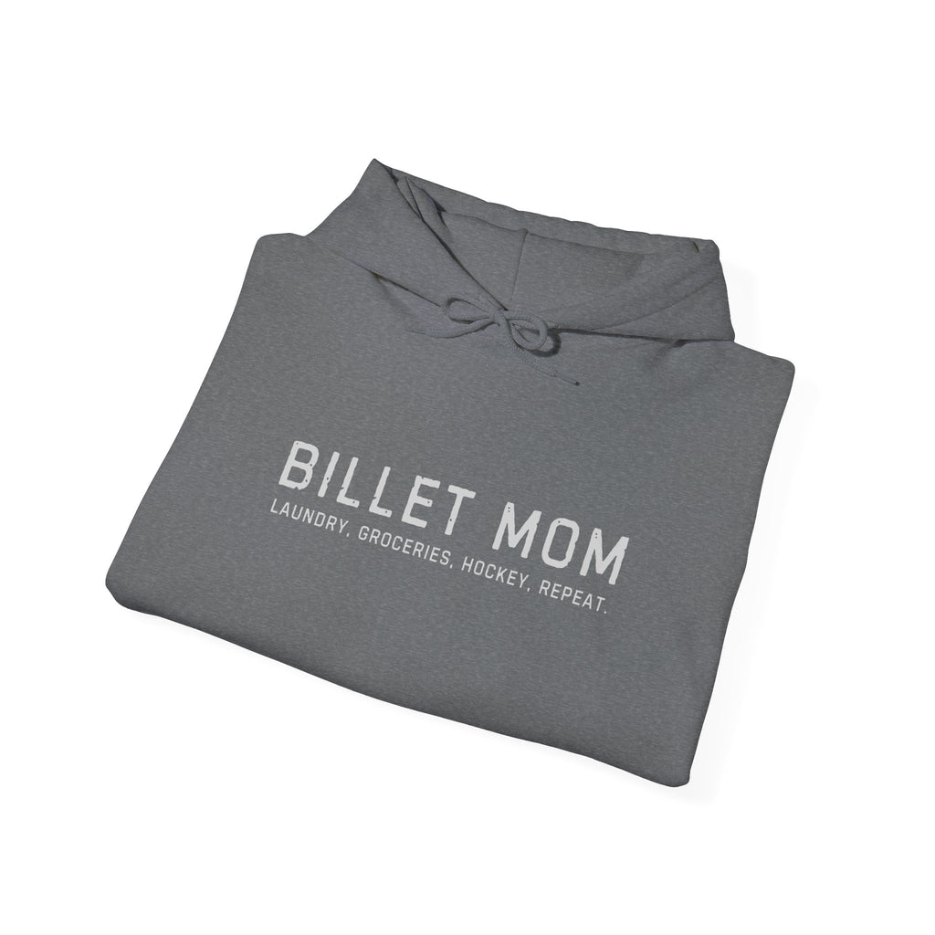 Folded Billet Mom hoodie showing minimalist hockey billet family design