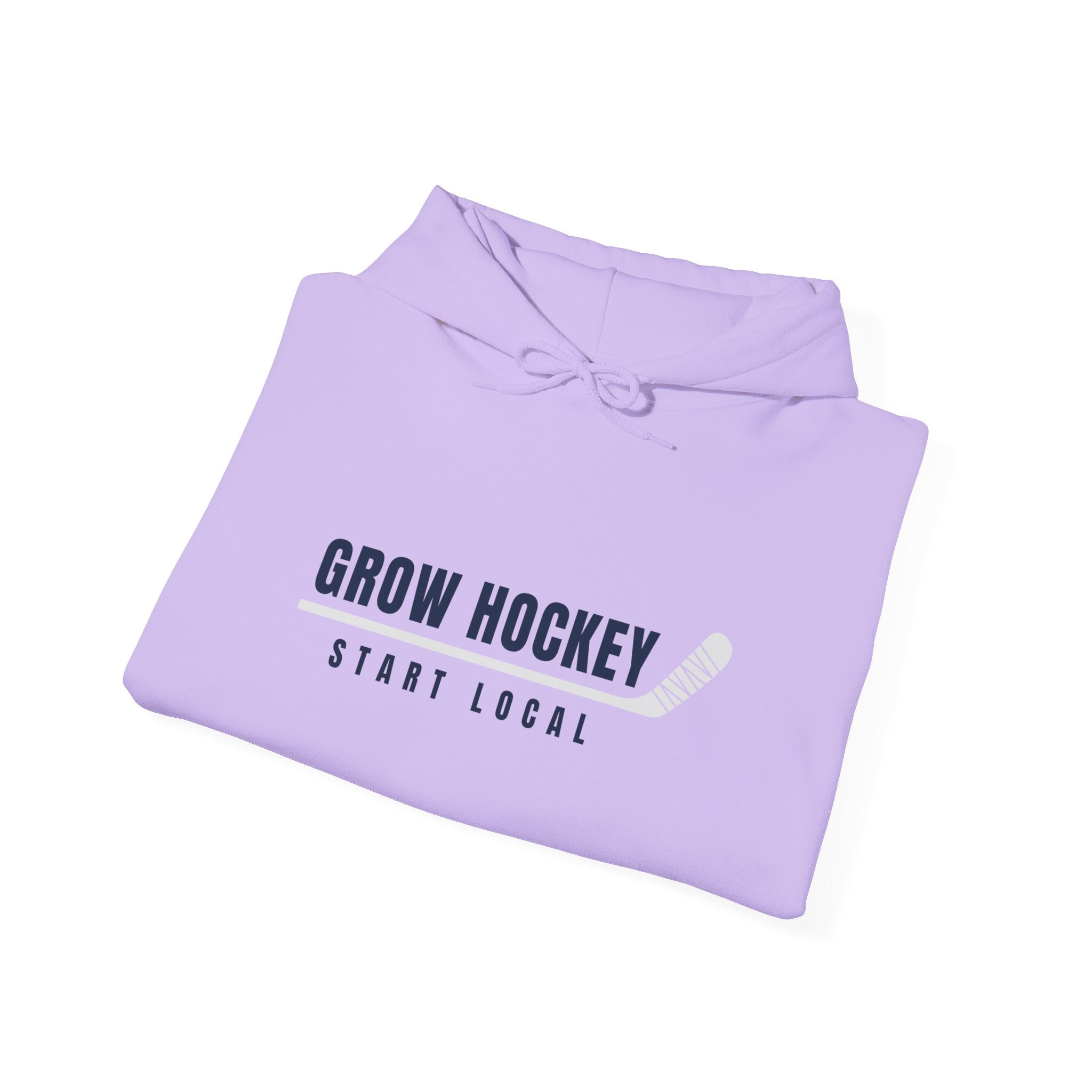 Folded Grow Hockey Start Local hoodie showing bold front graphic with taped hockey stick detail.