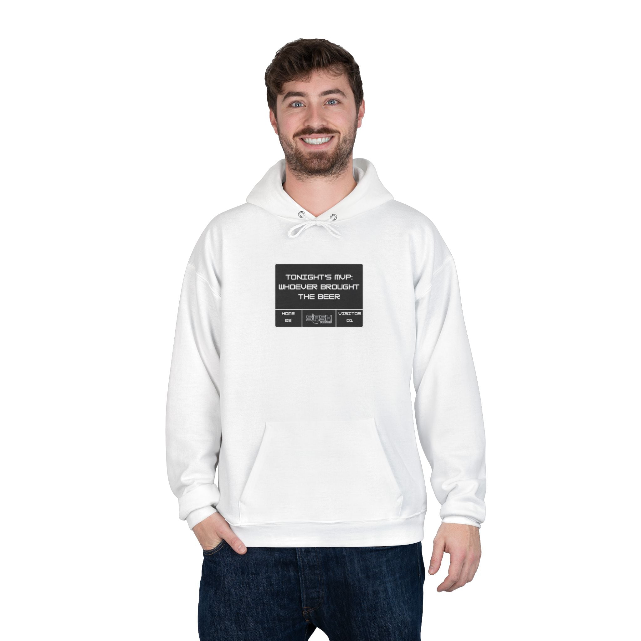 “Tonight’s MVP Hockey Hoodie lifestyle photo — model wearing hockey culture hoodie with Tonight’s MVP text design, casual fit for rink, travel, or everyday wear.”