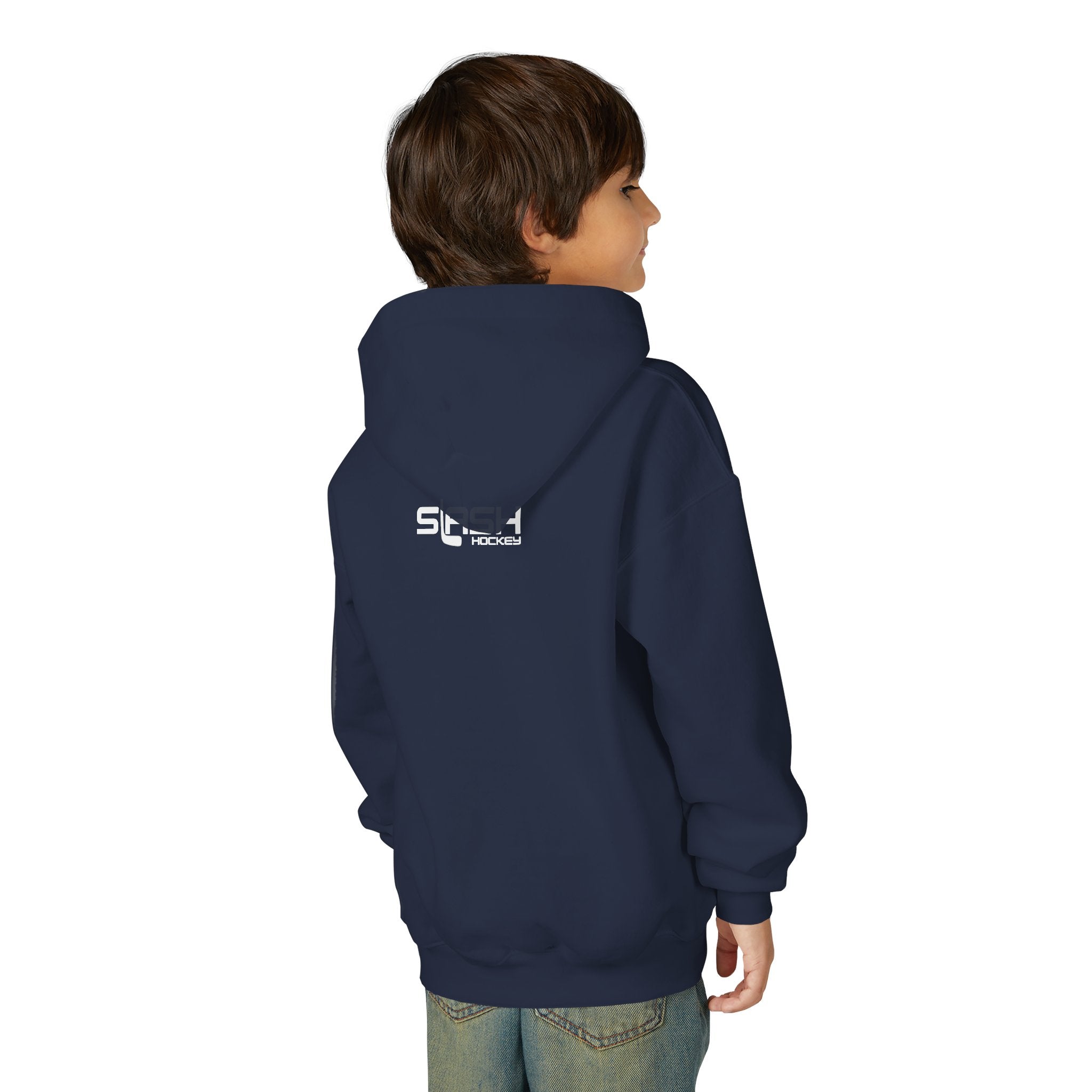 Young male model wearing the youth navy blue Future Pro USA Goalie School hoodie, back view, showing the hoodie fit and silhouette in a casual setting.