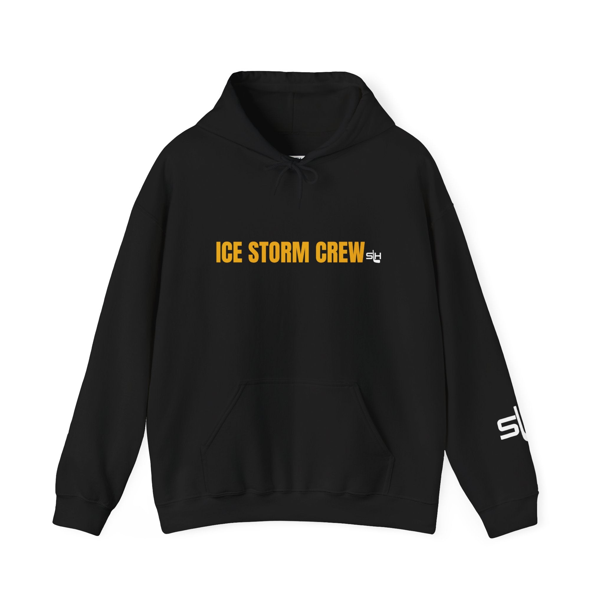 Black Ice Storm Crew hockey hoodie featuring bold ICE STORM CREW text across the chest in high-contrast print