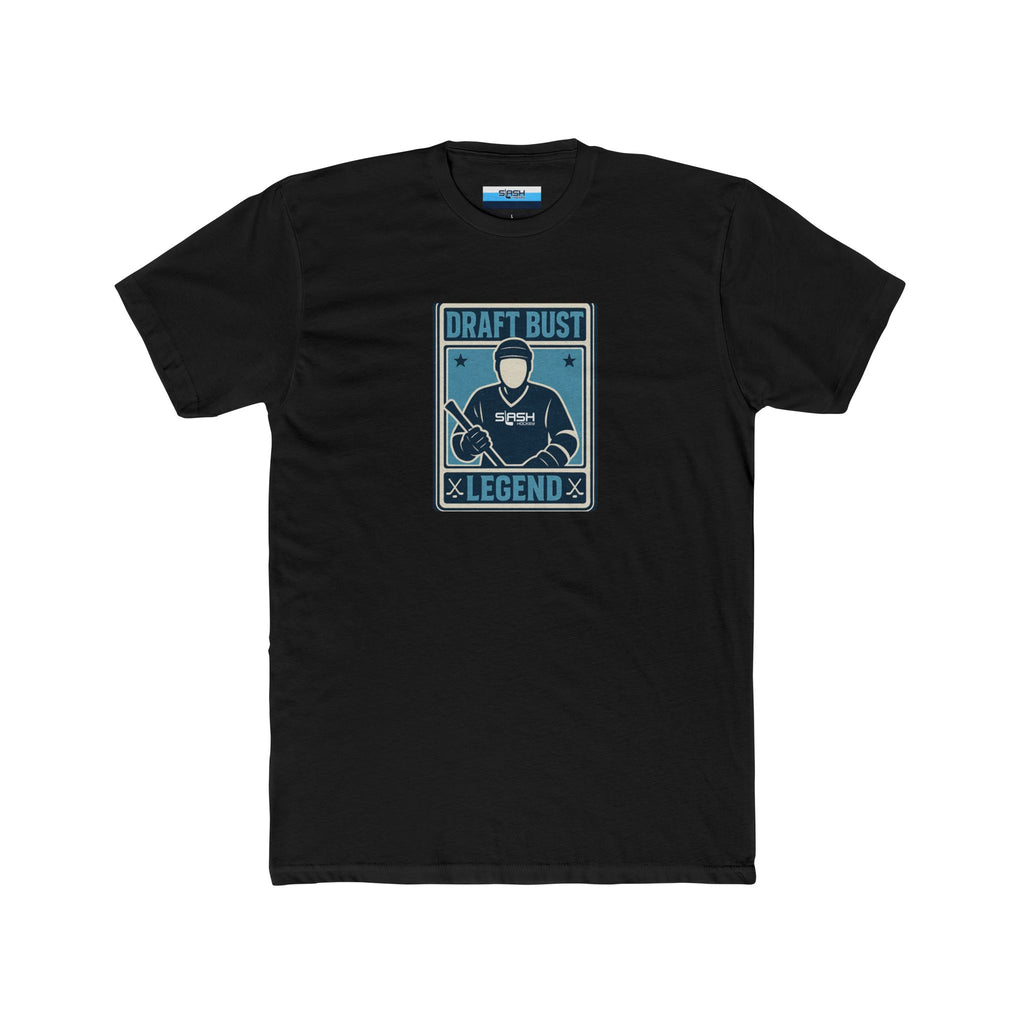Draft Bust Legend hockey t-shirt — front view featuring a vintage-style hockey card graphic with blank player face, navy, sky blue, and white print on premium cotton tee.