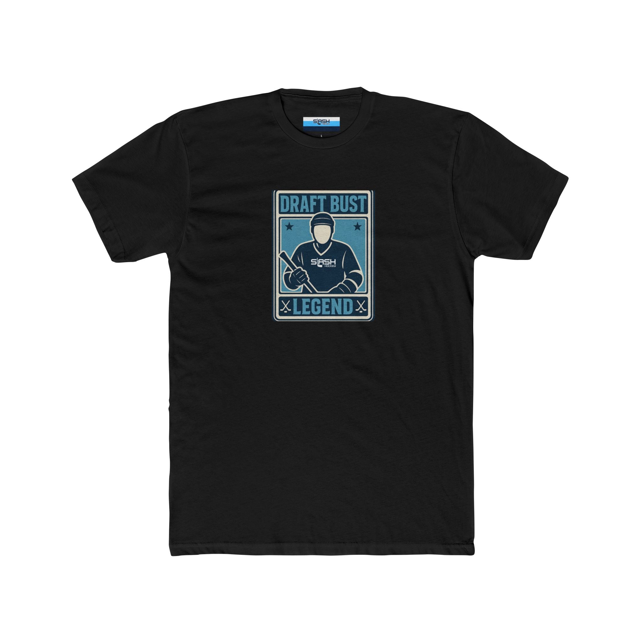 Draft Bust Legend hockey t-shirt — front view featuring a vintage-style hockey card graphic with blank player face, navy, sky blue, and white print on premium cotton tee.