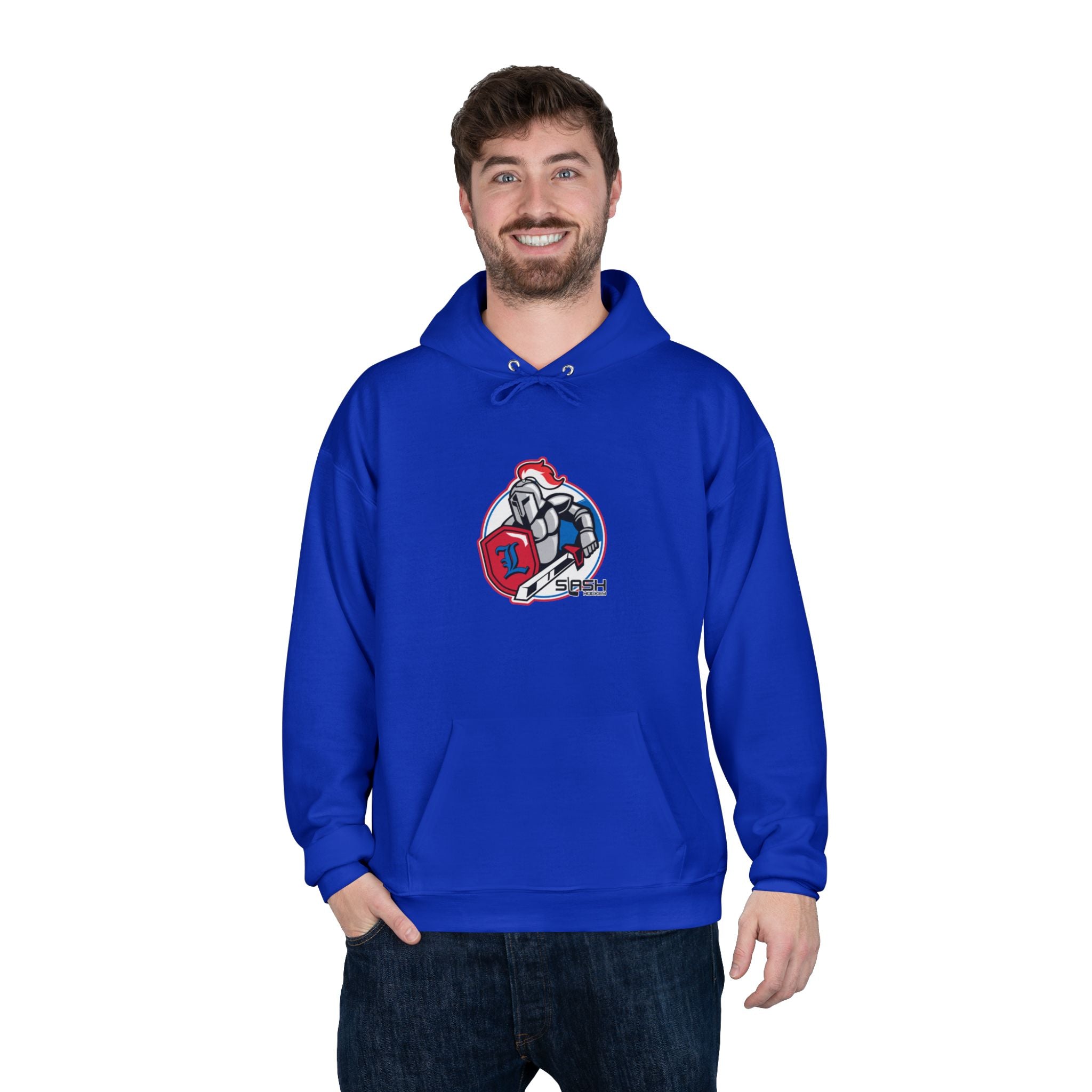 “LHA Hockey Hoodie lifestyle photo — model wearing Livonia Hockey Association hoodie, cozy cotton-blend design for players, parents, and fans on and off the ice.”